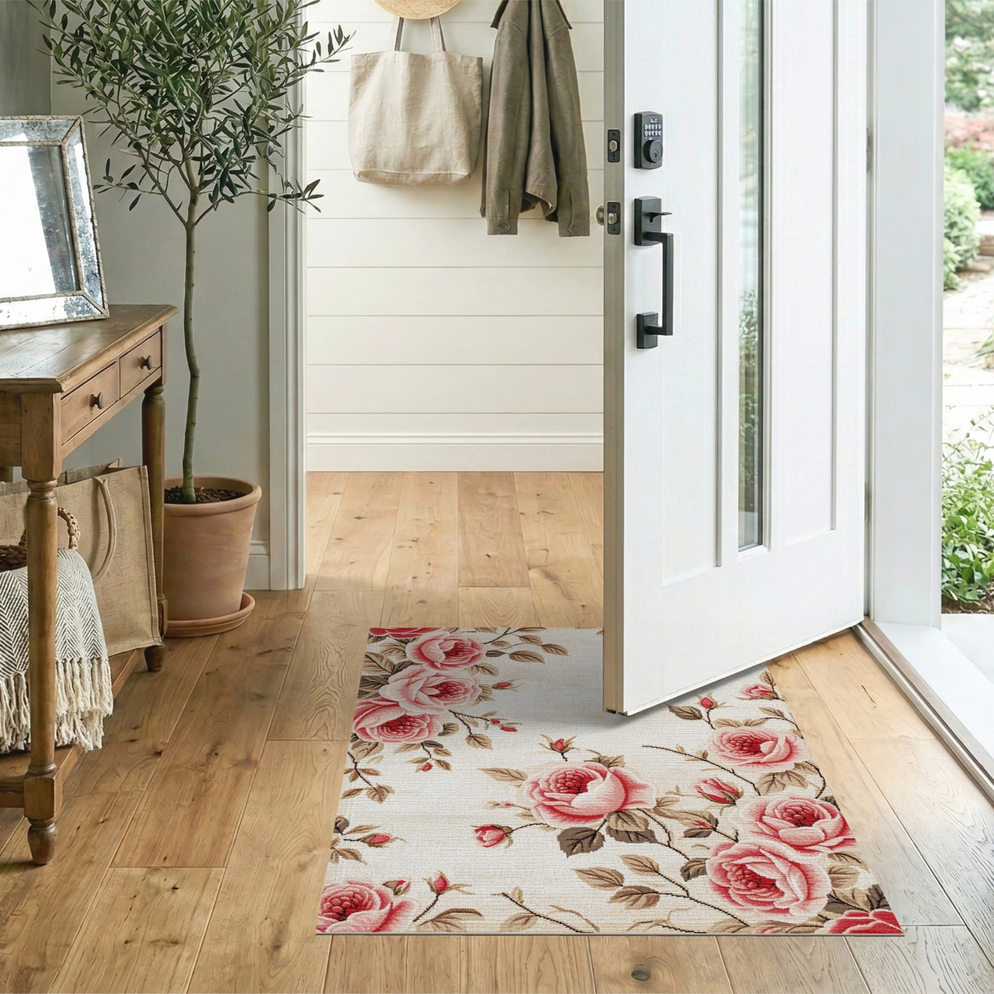 Pink Vintage Pink Rose Border Area Rug