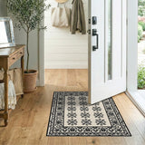 Beige Area Rug with Black Floral Medallions Ornate Border