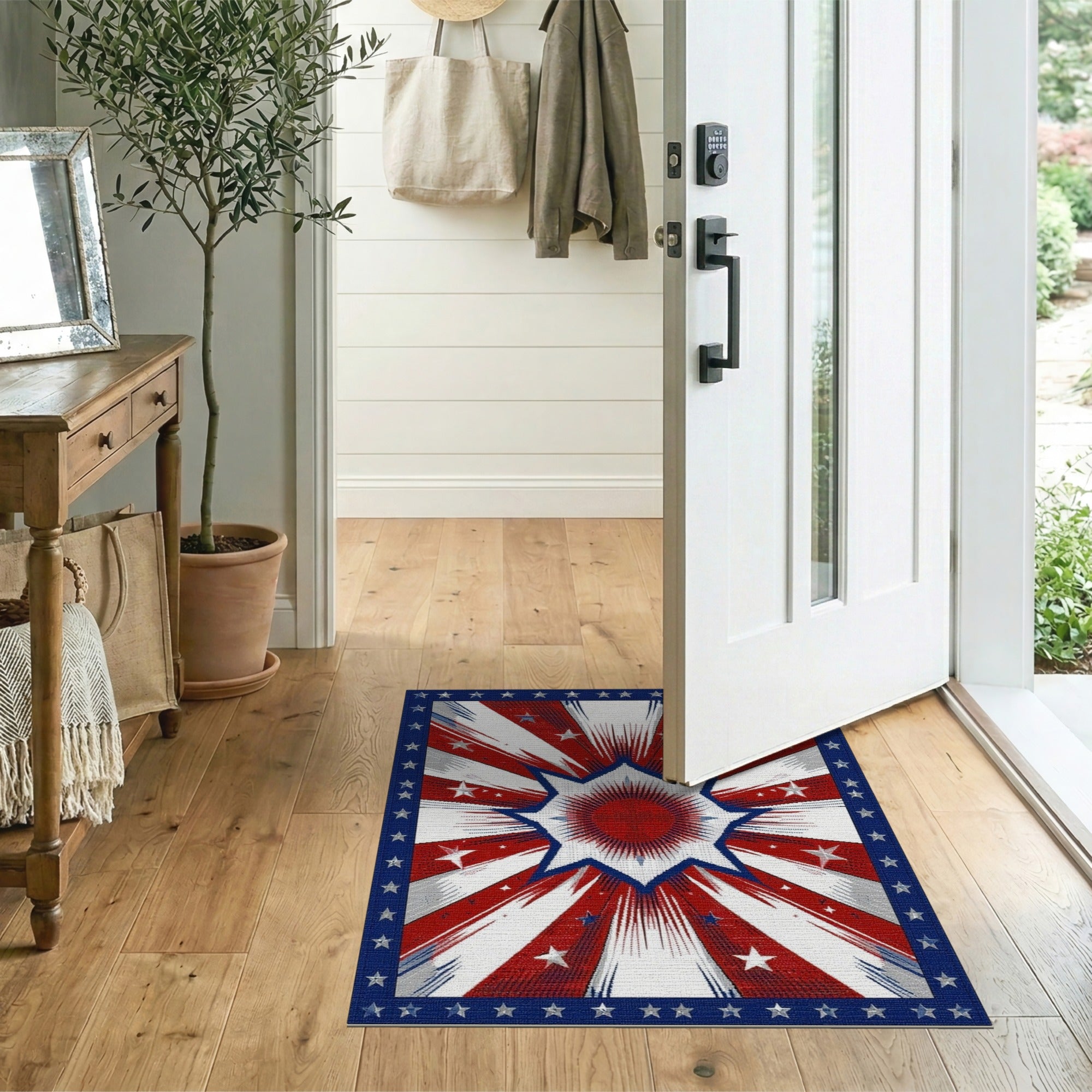 ODIKA Washable Americana Star Burst Patriotic Area Rug - Non-Slip Low Pile Red White Blue Rug