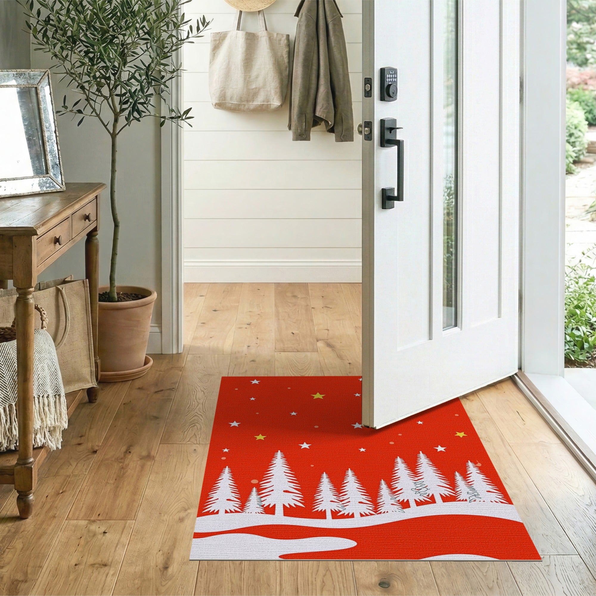 Red Starry Pine Forest Silhouette Area Rug