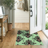 Mint Green Damask Pink Floral Area Rug