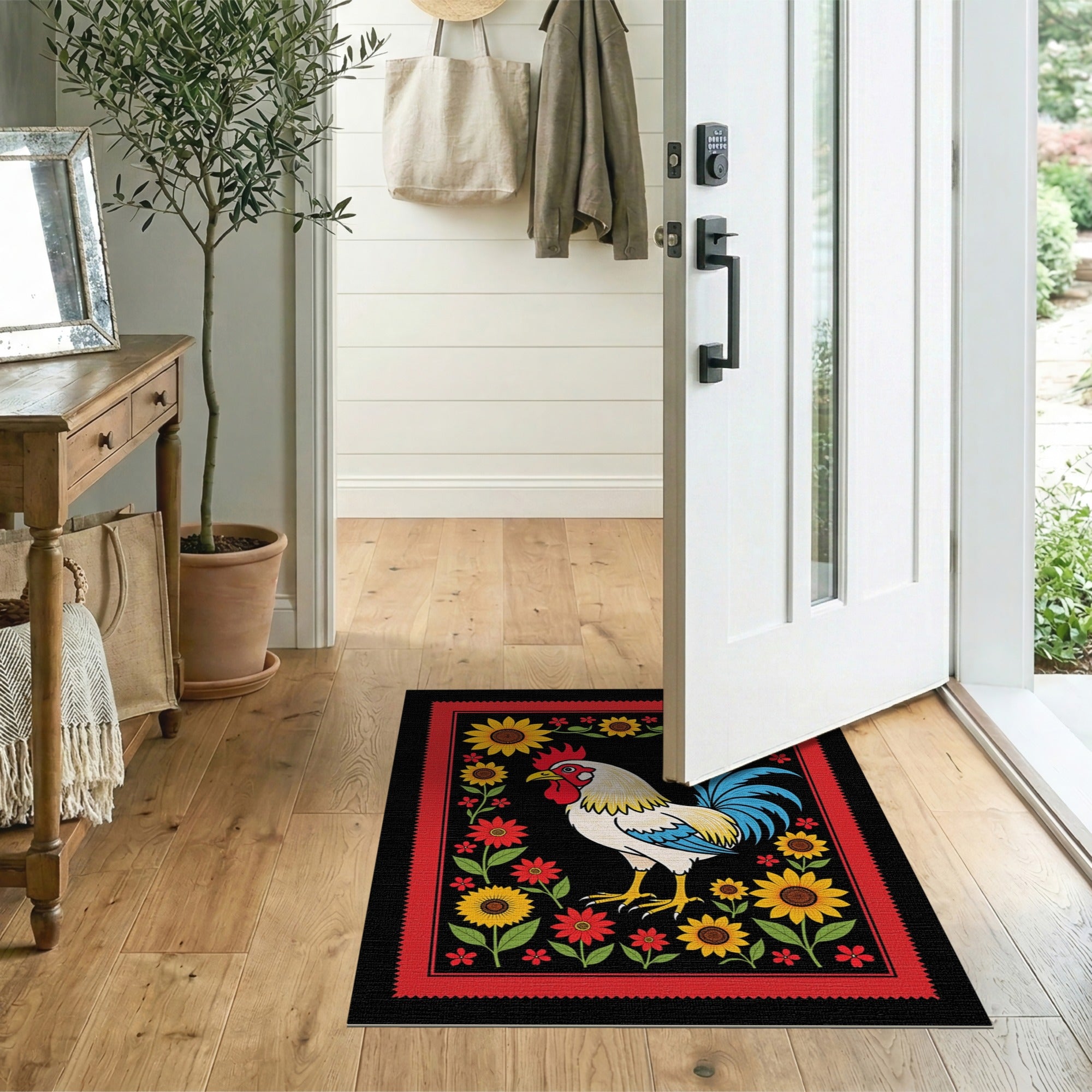 Rustic Rooster Sunflower Area Rug