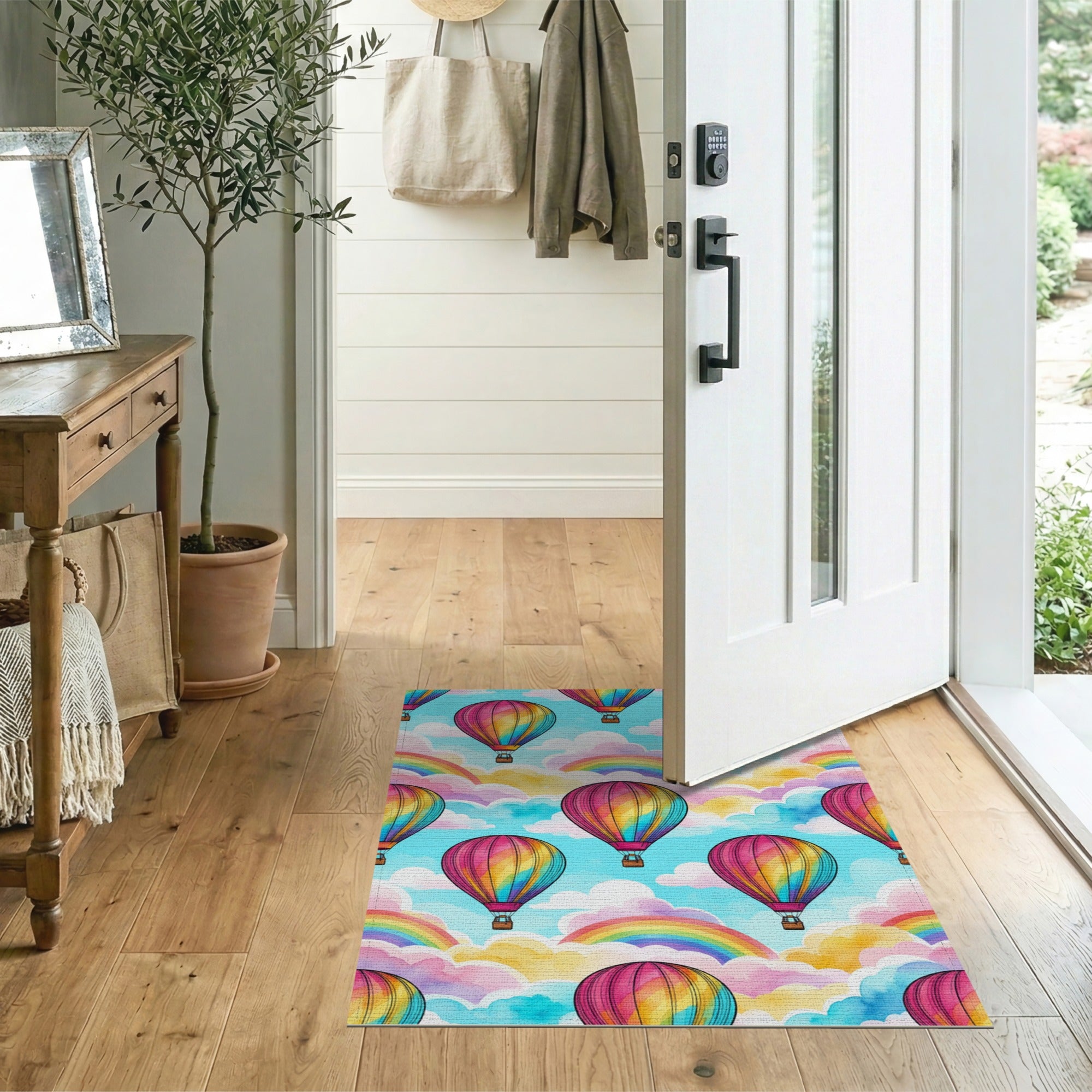 Kids Cartoon Rainbow Hot Air Balloon Kids Area Rug