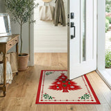 Festive Red Christmas Tree Area Rug with Elves