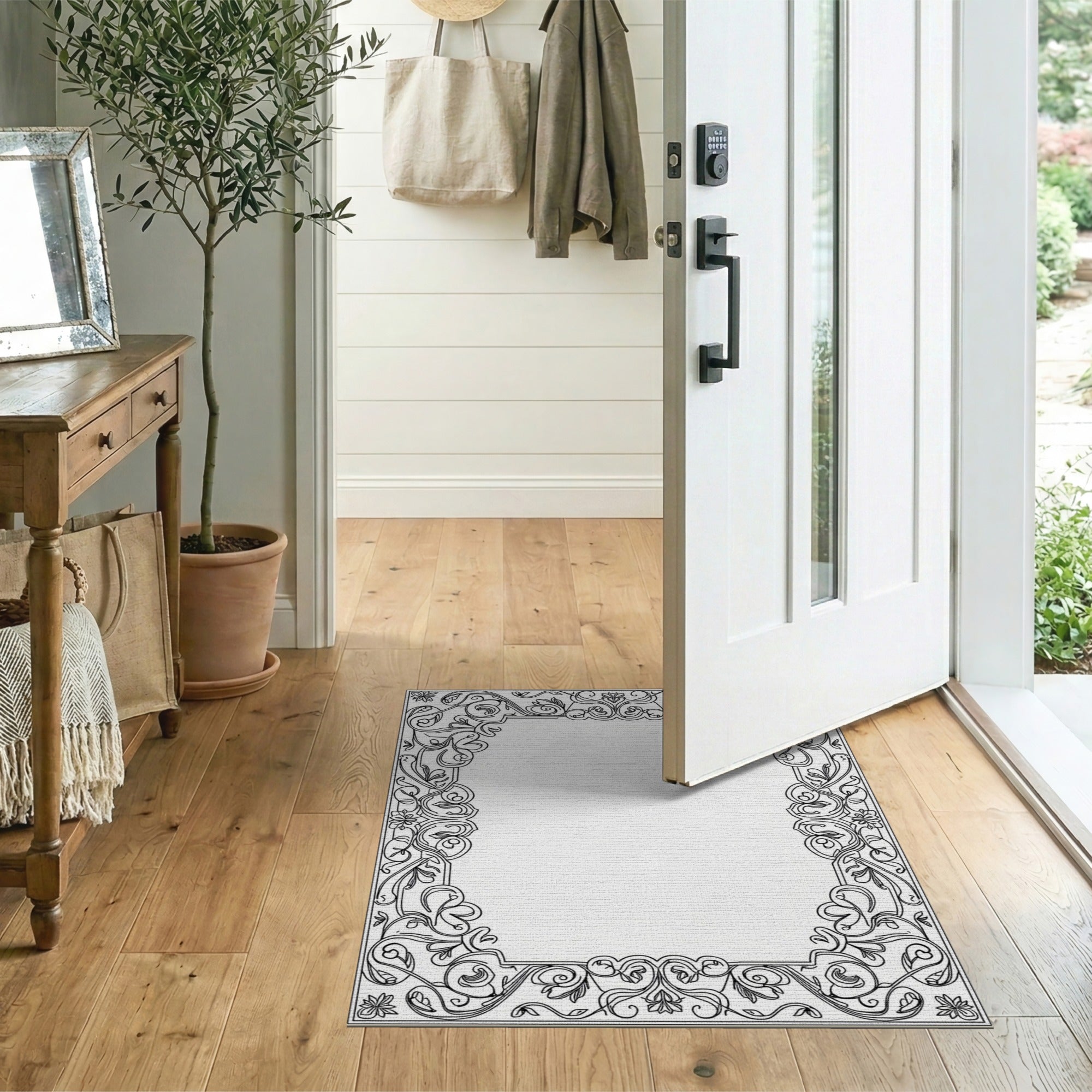 Floral Vintage Black and White Ornate Floral Black White Area Rug