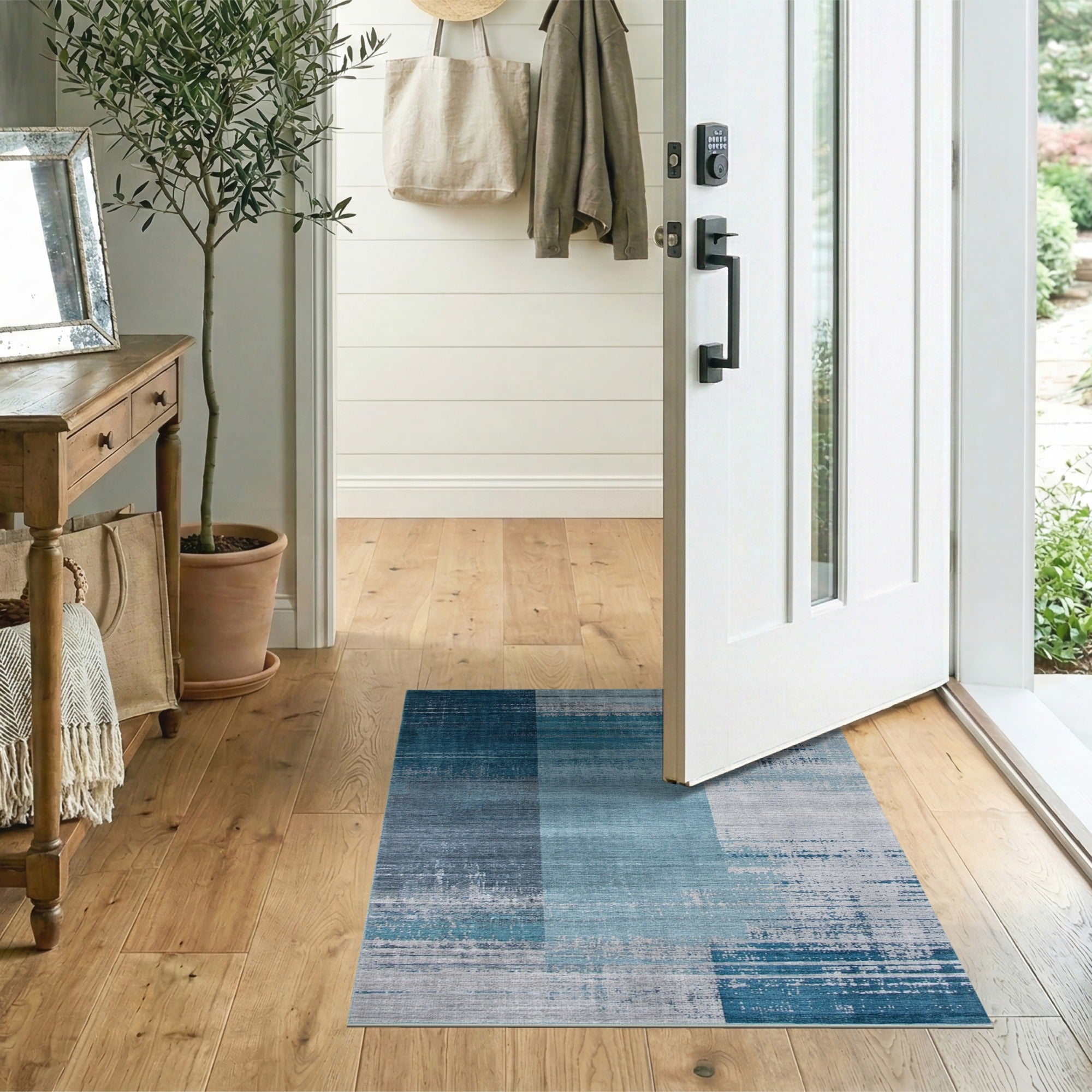 Distressed Blue Teal Vertical Stripe Area Rug