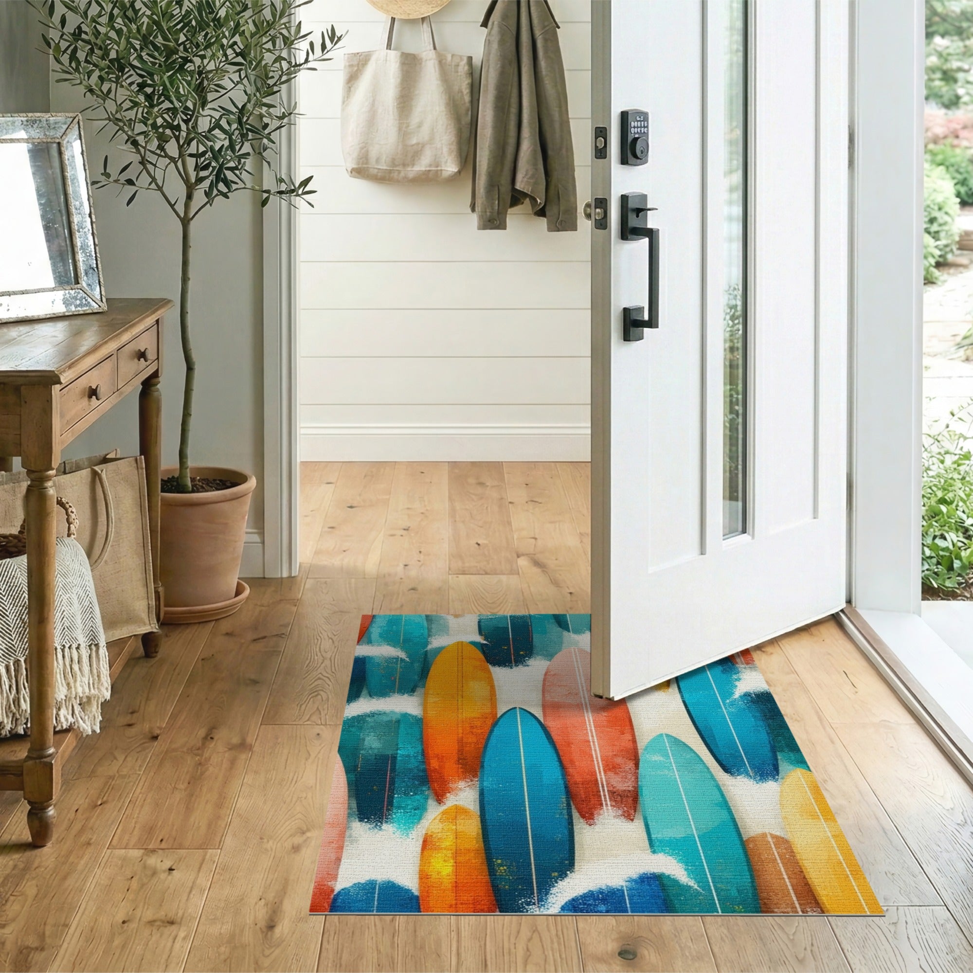 ODIKA Modern Coastal Surfboard Pattern Washable Area Rug - Low Pile Non-Slip Home Decor