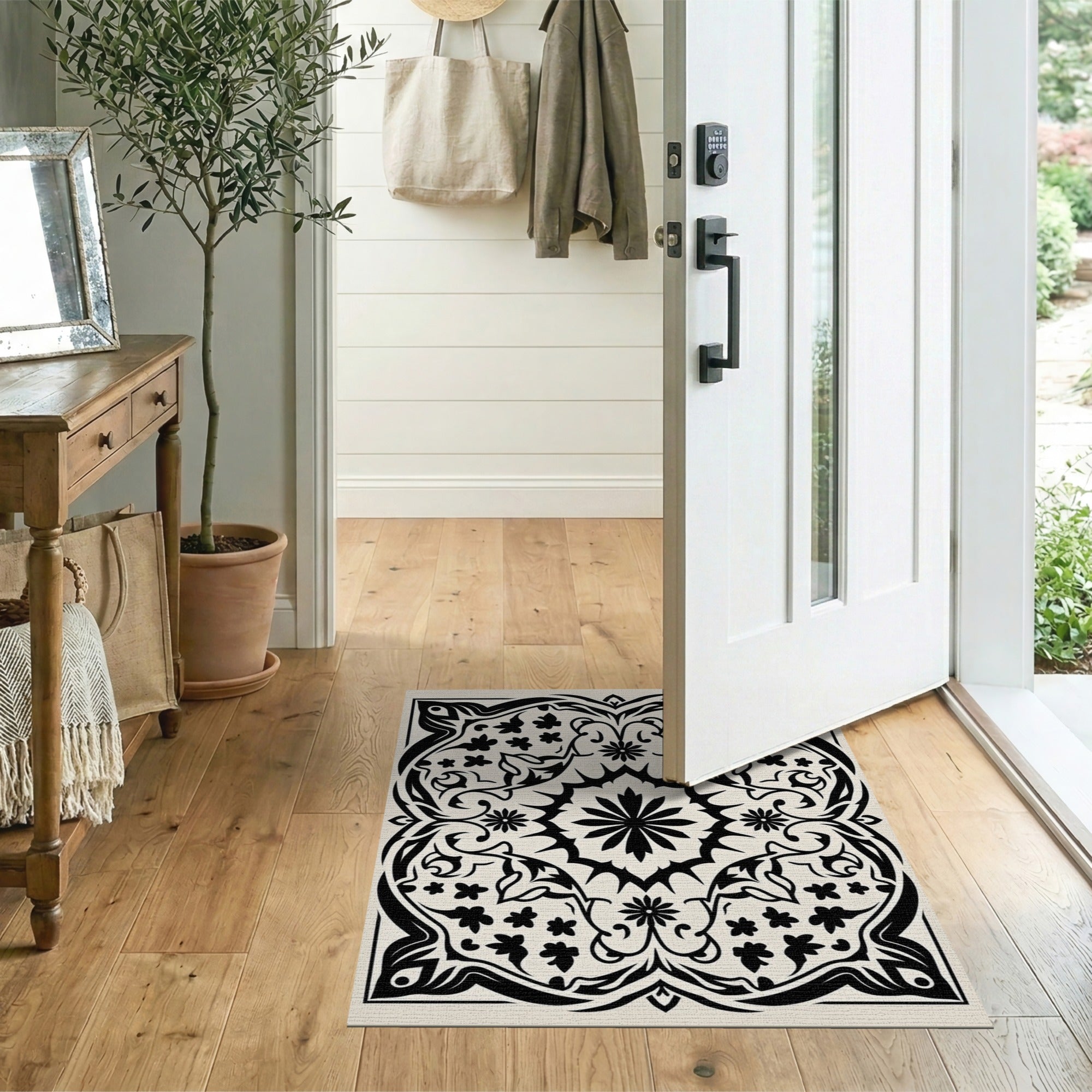 Intricate Black White Persian Floral Area Rug