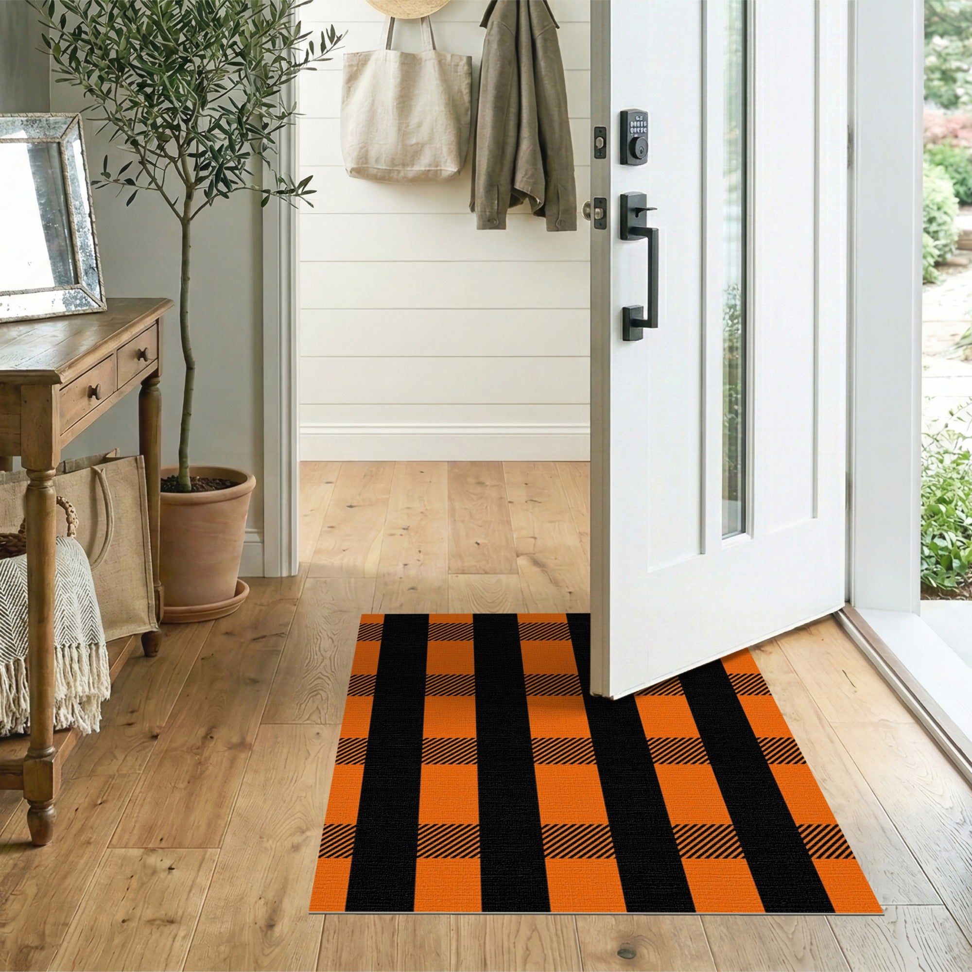 Rustic Farmhouse Bold Orange Black Plaid Area Rug