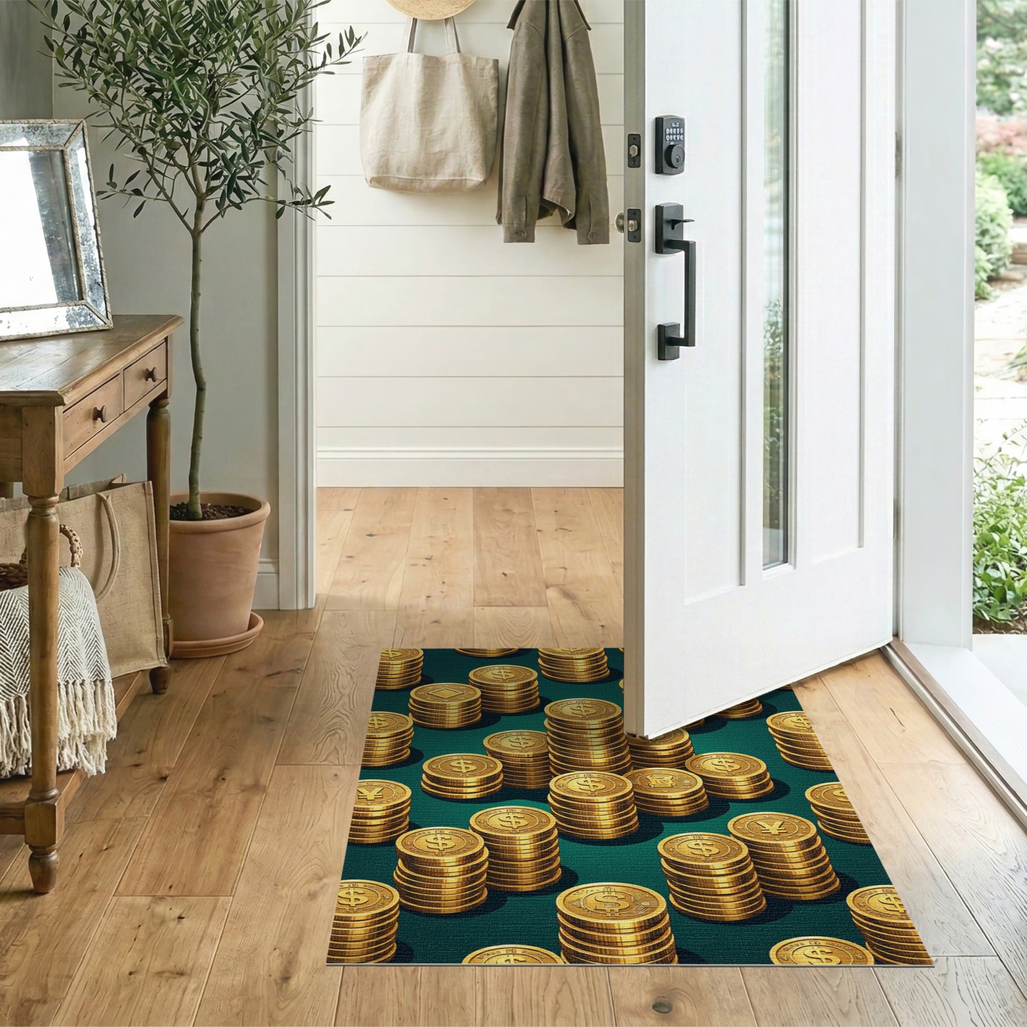 ODIKA Washable Gold Coin Money Print Area Rug - Low Pile Non-Slip Decor
