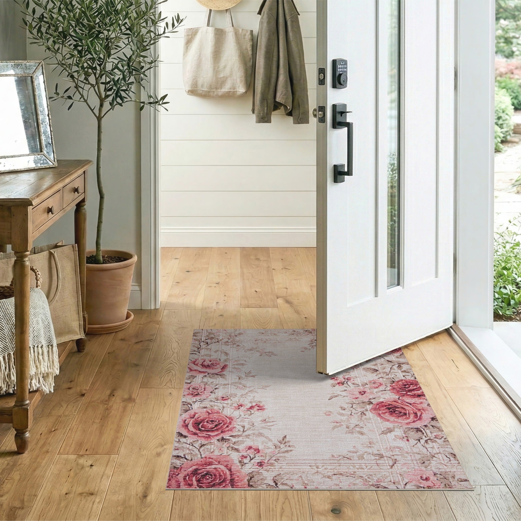 Floral Vintage Vintage Pink Rose Floral Border Area Rug