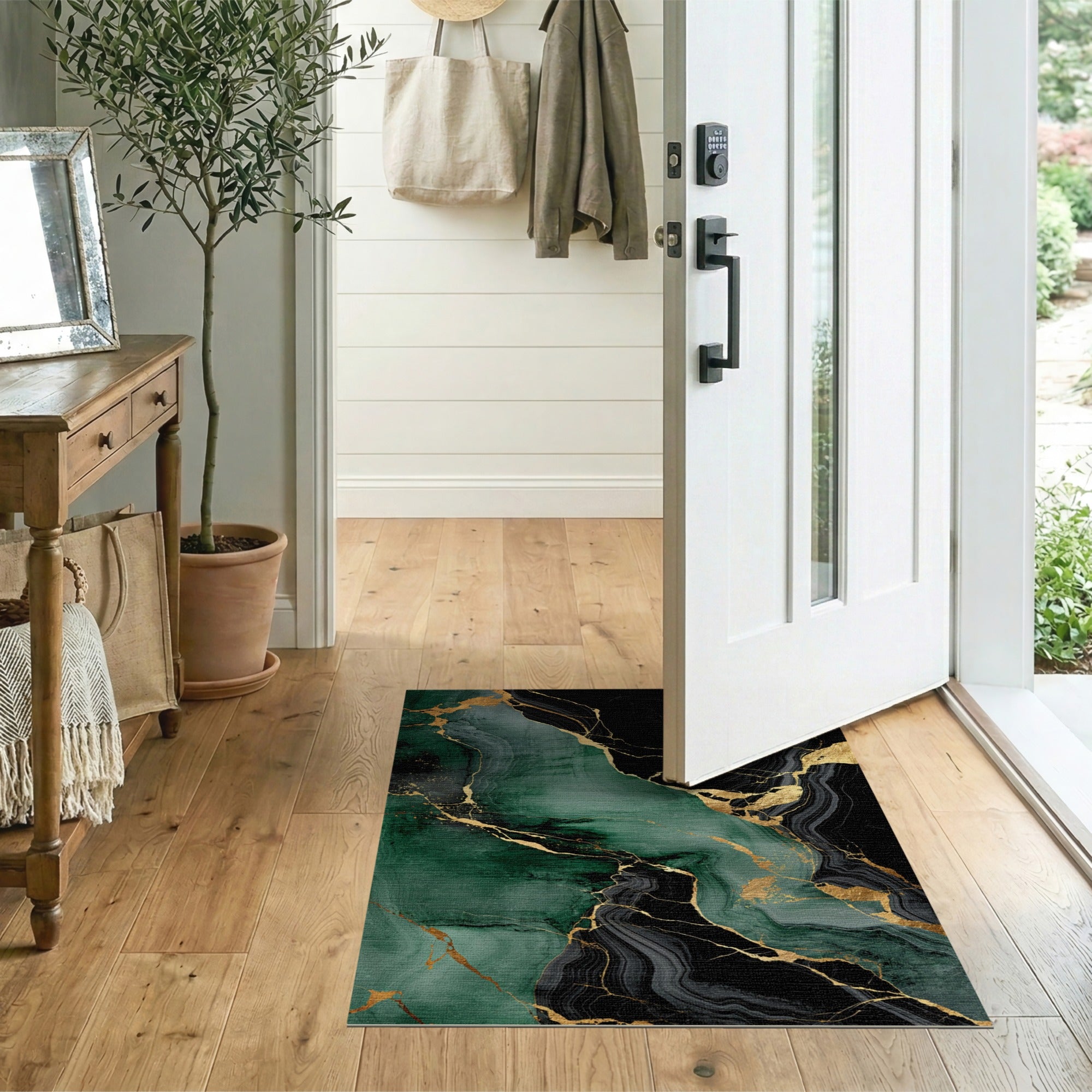 ODIKA Emerald Green & Gold Abstract Marble Washable Rug - Non-Slip Low Pile Area Rug