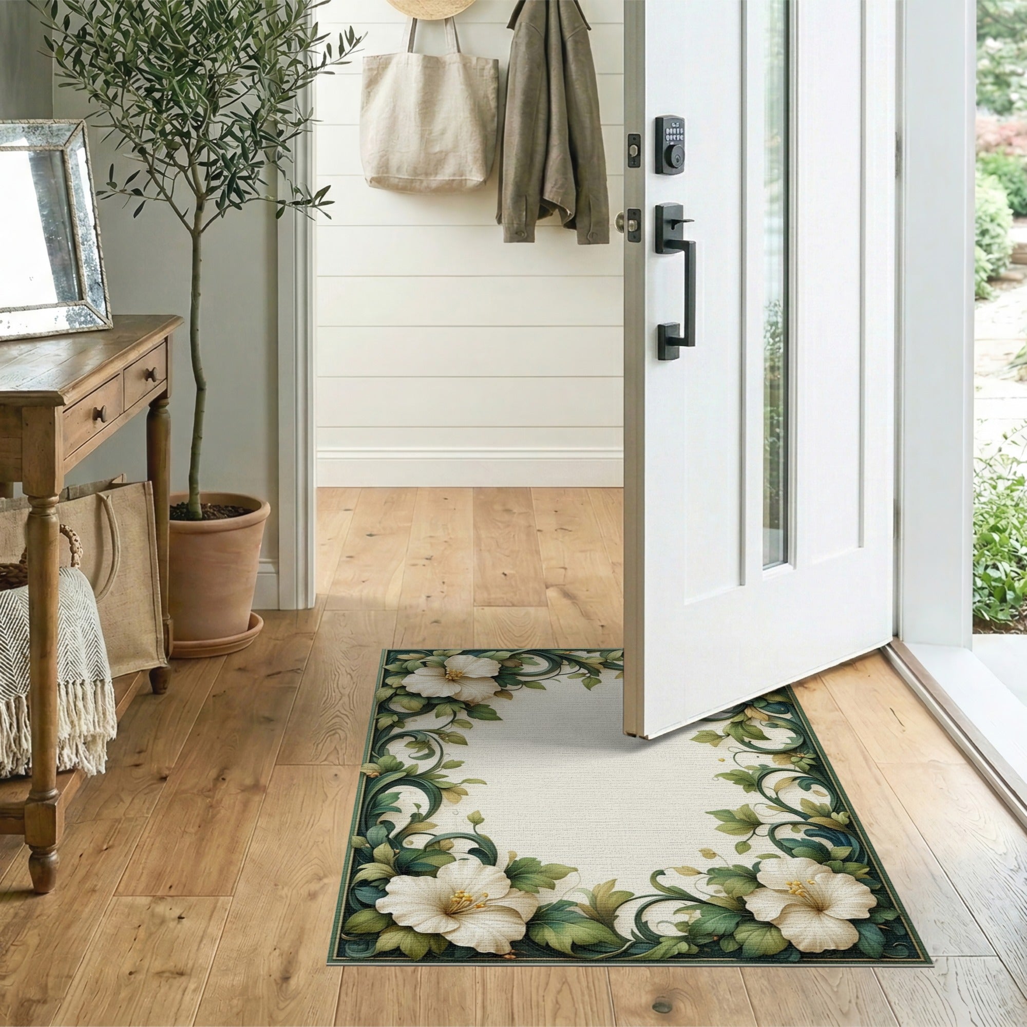 White Floral Green Vintage Washable Area Rug
