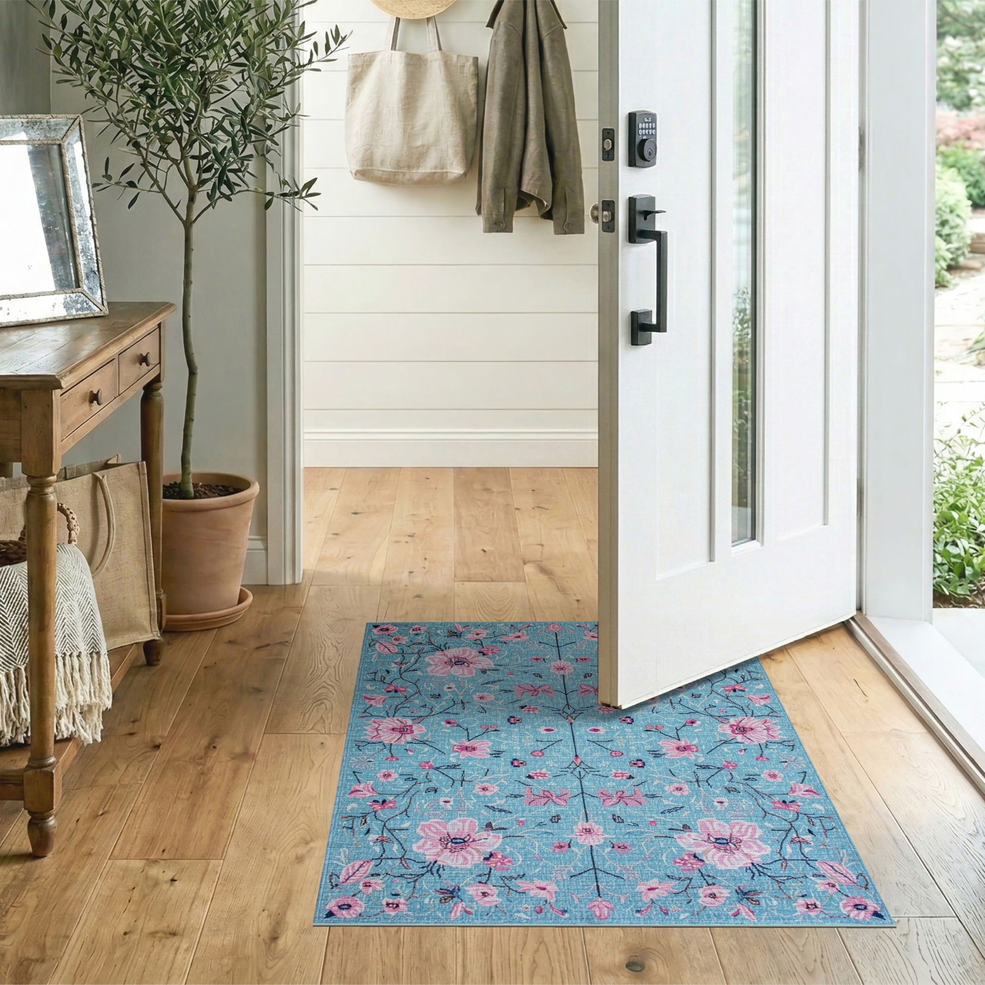 Blue and Teal Teal Pink Floral Vintage Area Rug