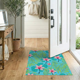Pink Orchid Palm Leaf Teal Blue Area Rug