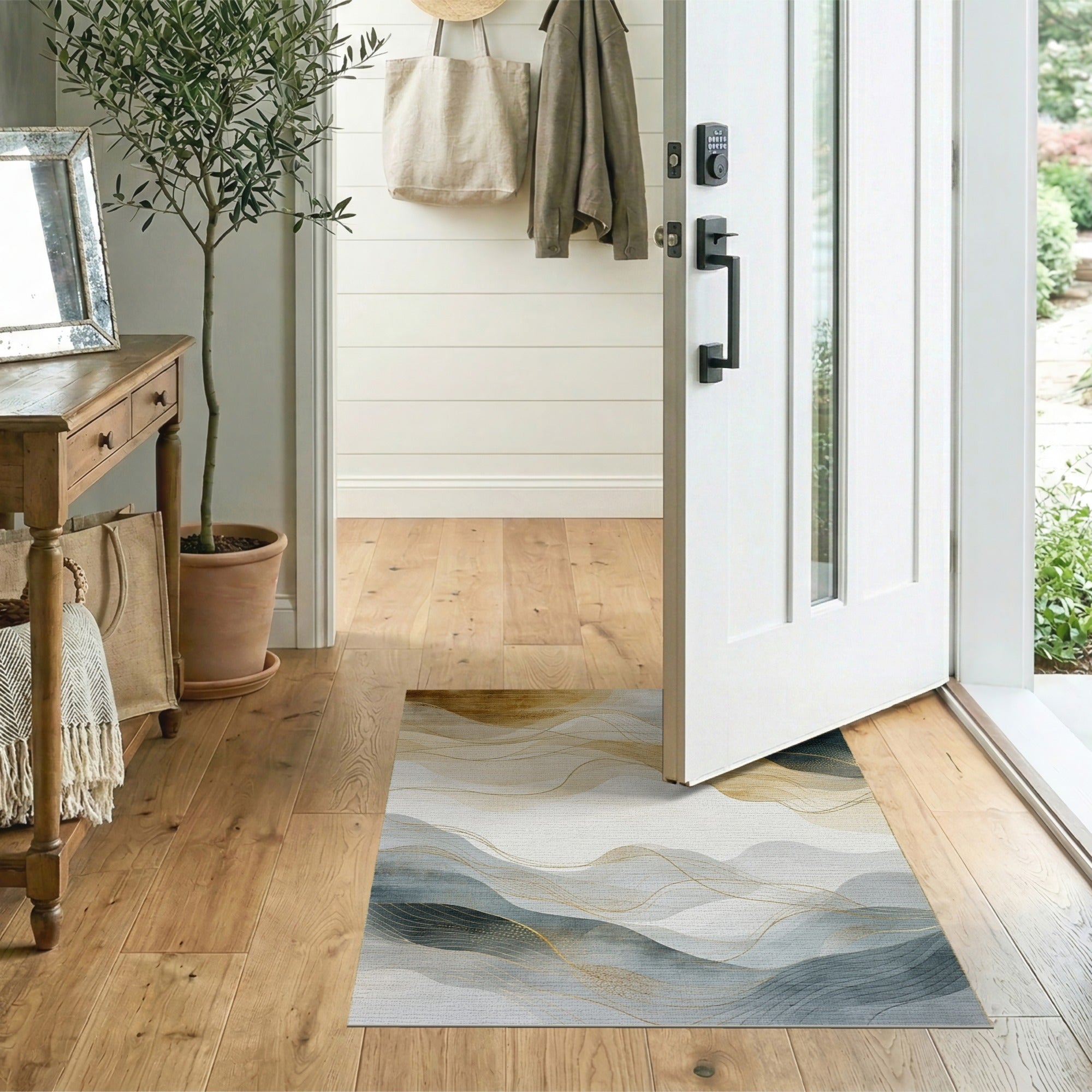 ODIKA Washable Abstract Gold and Grey Low Pile Area Rug - Non-Slip & Pet Friendly