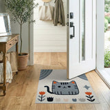Cute Grey Cartoon Cat Kids Area Rug with Orange Tulips