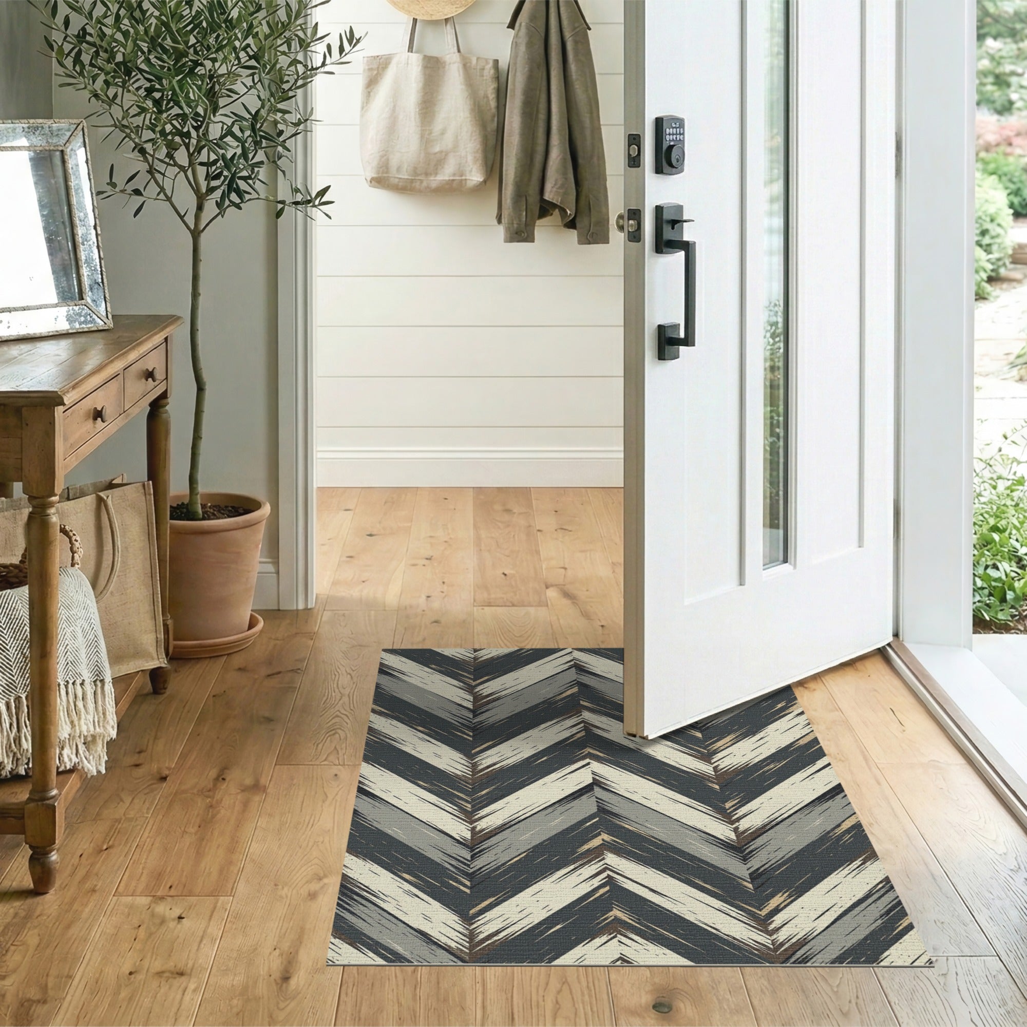 Distressed Grey Chevron Zigzag Rug