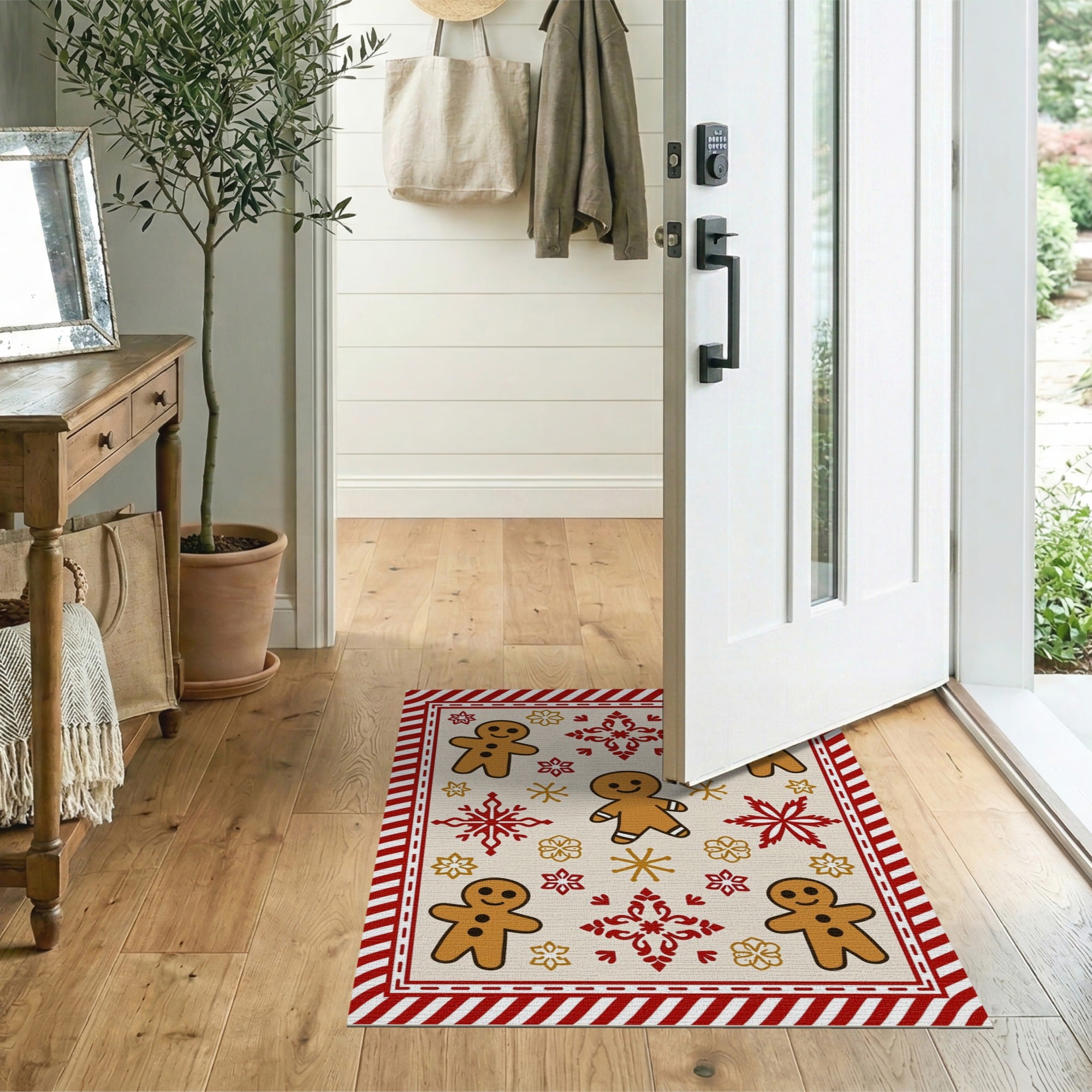 ODIKA Festive Gingerbread Man Washable Christmas Area Rug - Low Pile Holiday Decor, Non-Slip & Pet Friendly