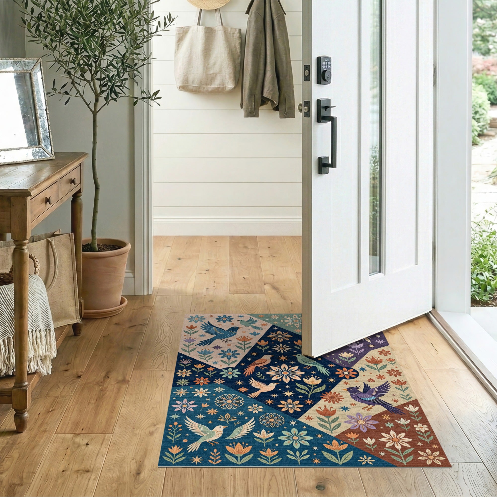 Whimsical Patchwork Birds Blooms Boho Rug