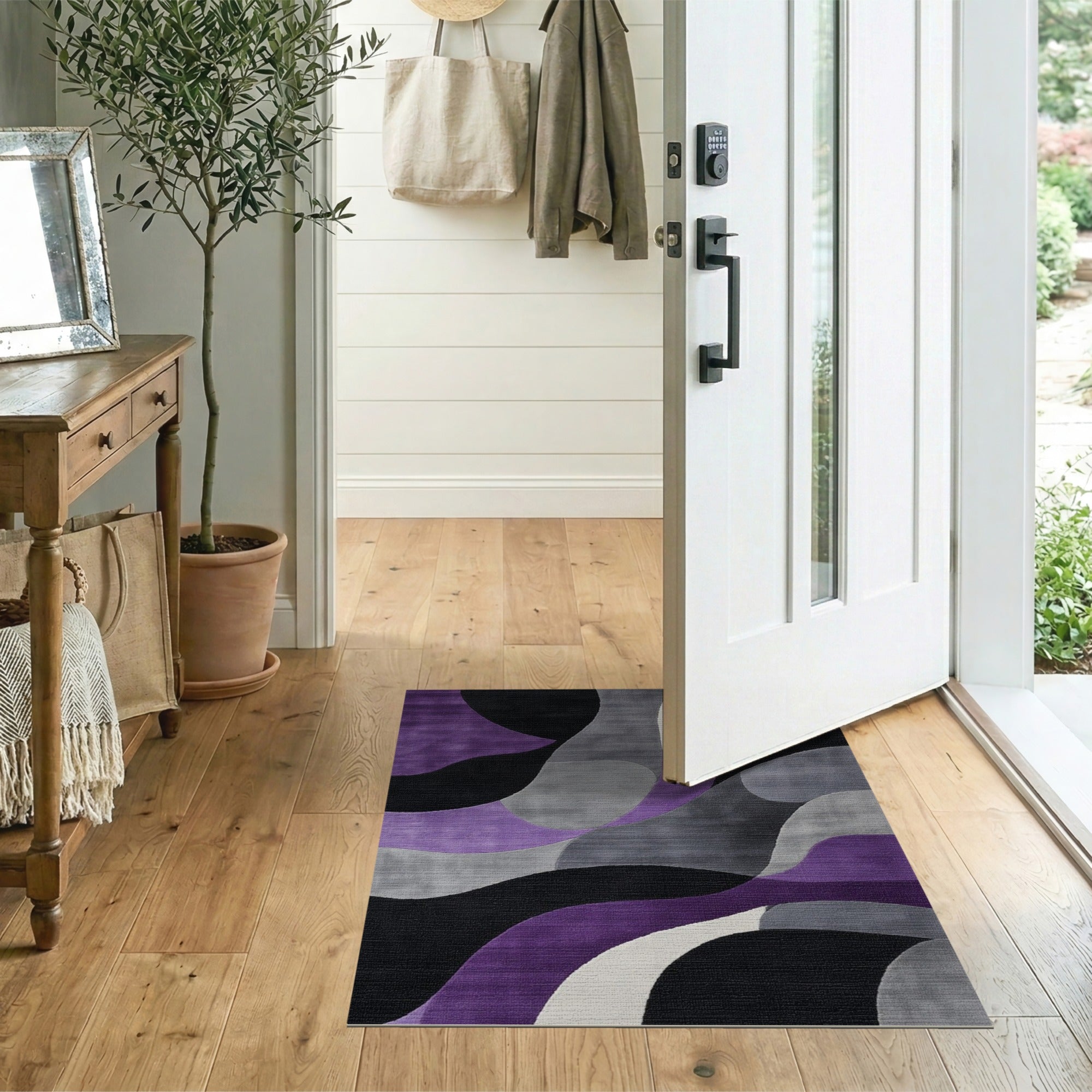 ODIKA Washable Modern Abstract Wavy Rug - Purple Grey Low Pile Non-Slip Area Rug