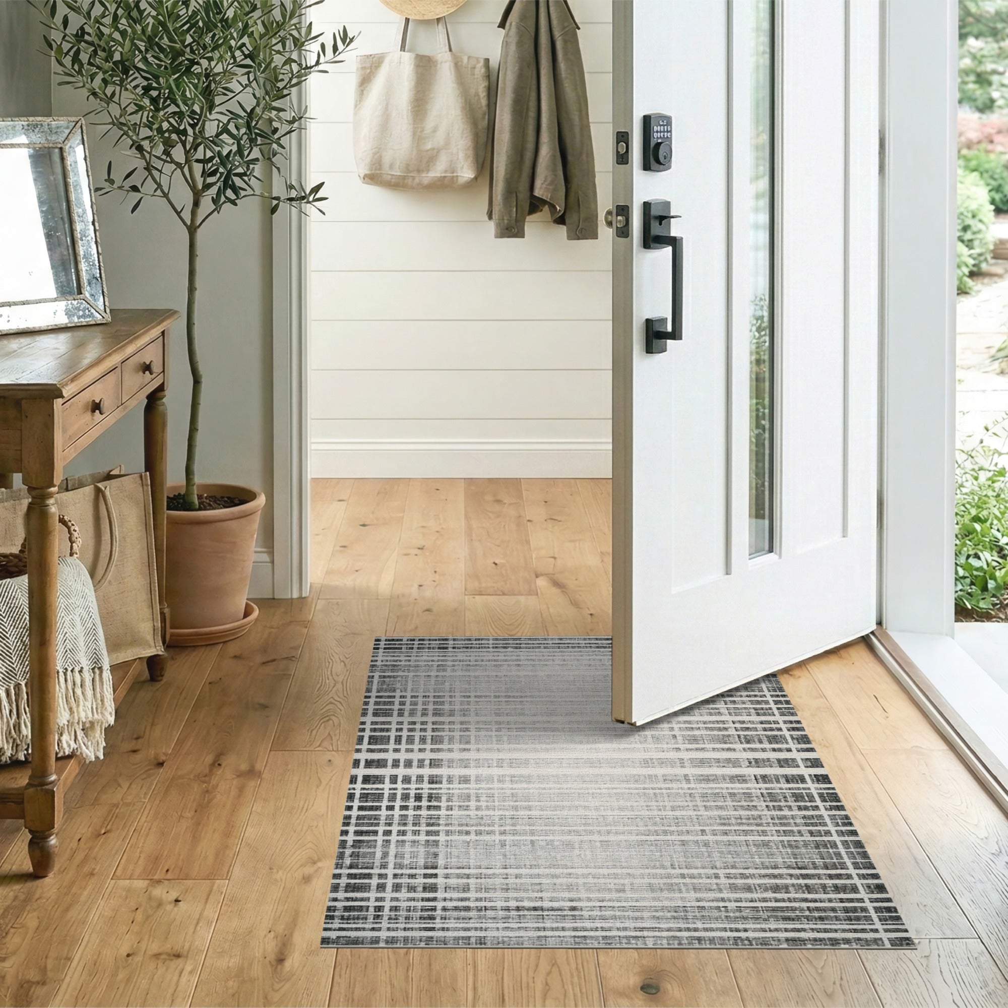 Distressed Grid Black White Area Rug