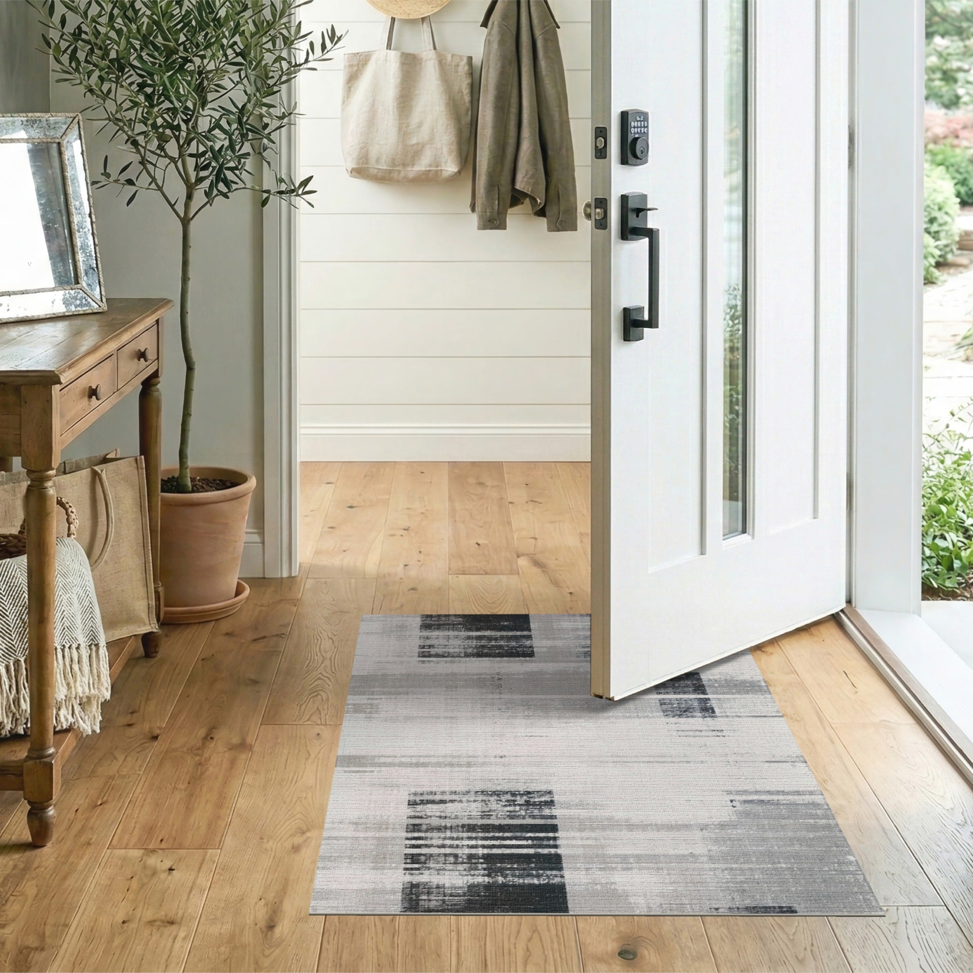 Distressed Black White Abstract Area Rug