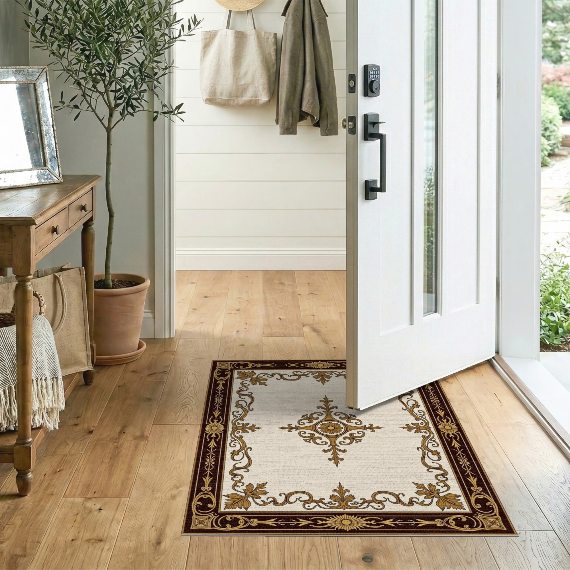 Floral Vintage Ornate Gold Baroque Border Area Rug