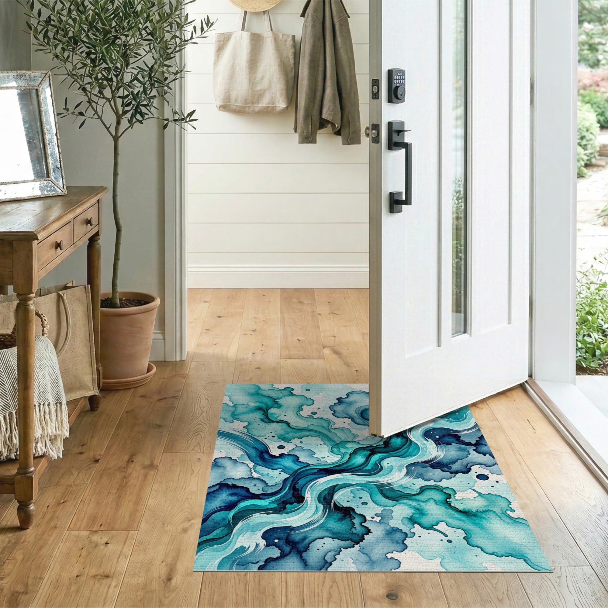 Fluid Teal Blue Abstract Area Rug