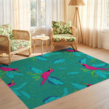 ODIKA Washable Teal Hummingbird Area Rug - Low Pile Non-Slip Botanical Rug for Living Room