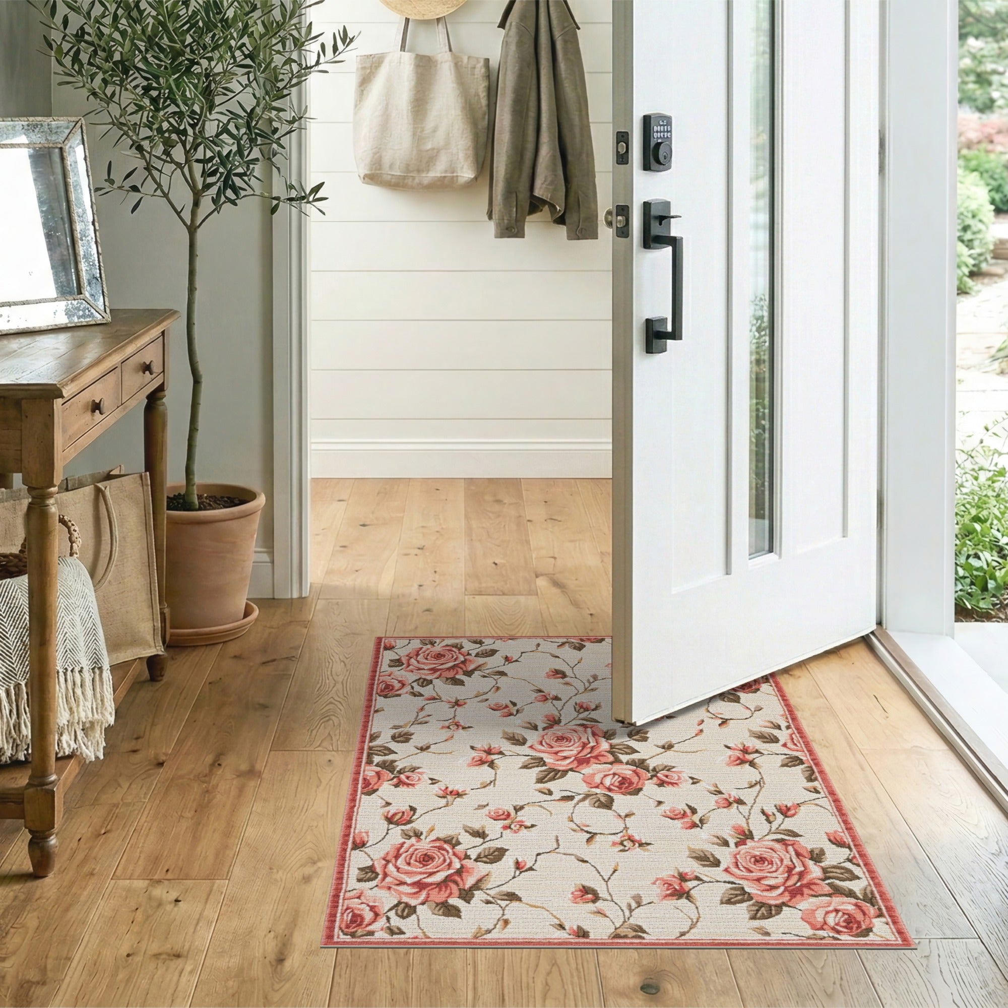 Vintage Pink Rose Floral Area Rug on Cream