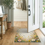 Pastel Wildflower Border Area Rug in Yellow Pink Blooms