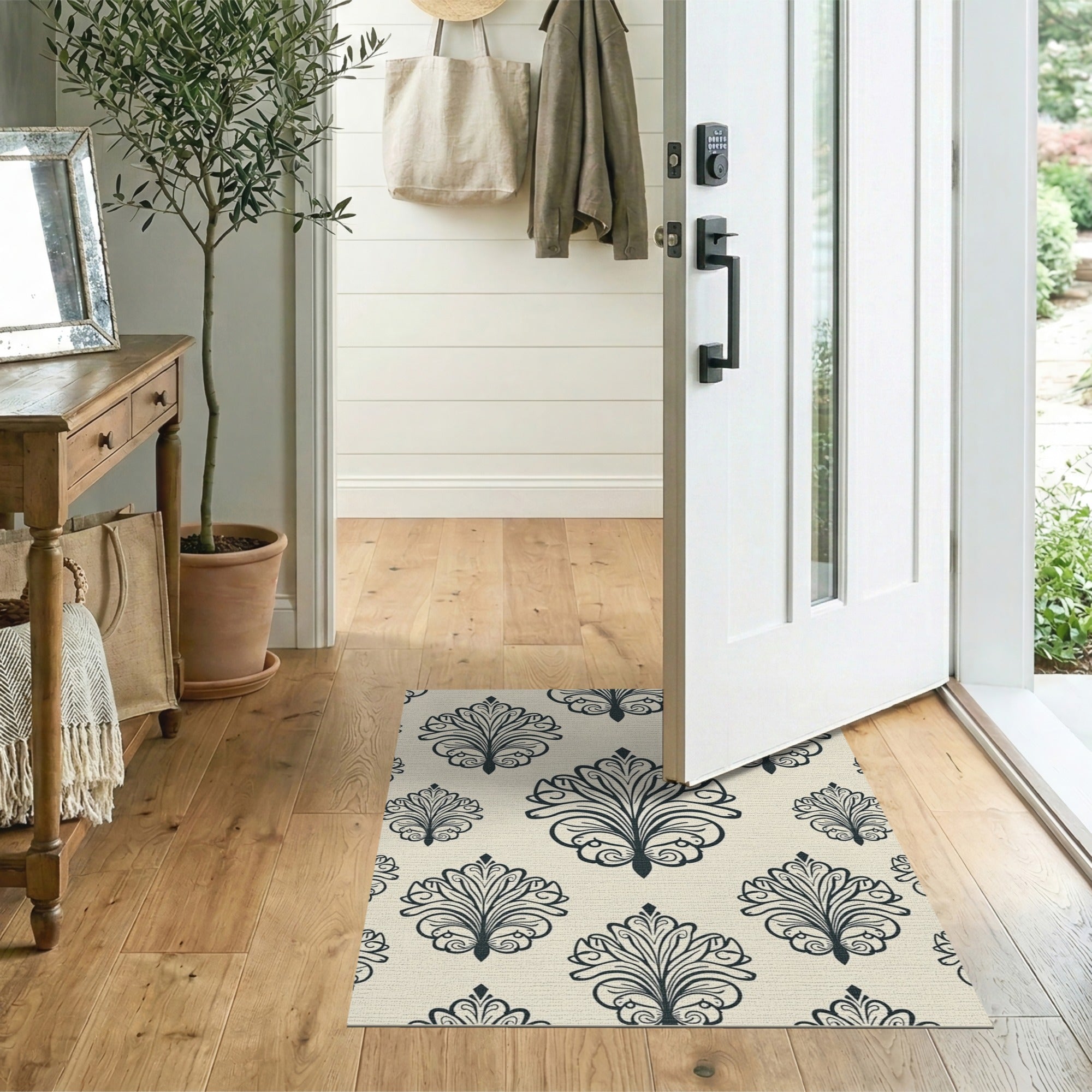 Elegant Beige Damask Pattern Area Rug