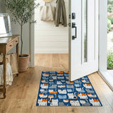Blue and Teal Whimsical Cartoon Cats Navy Area Rug