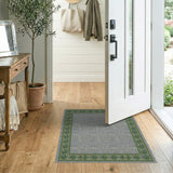 Grey Linen Field with Ornate Green Floral Border Rug
