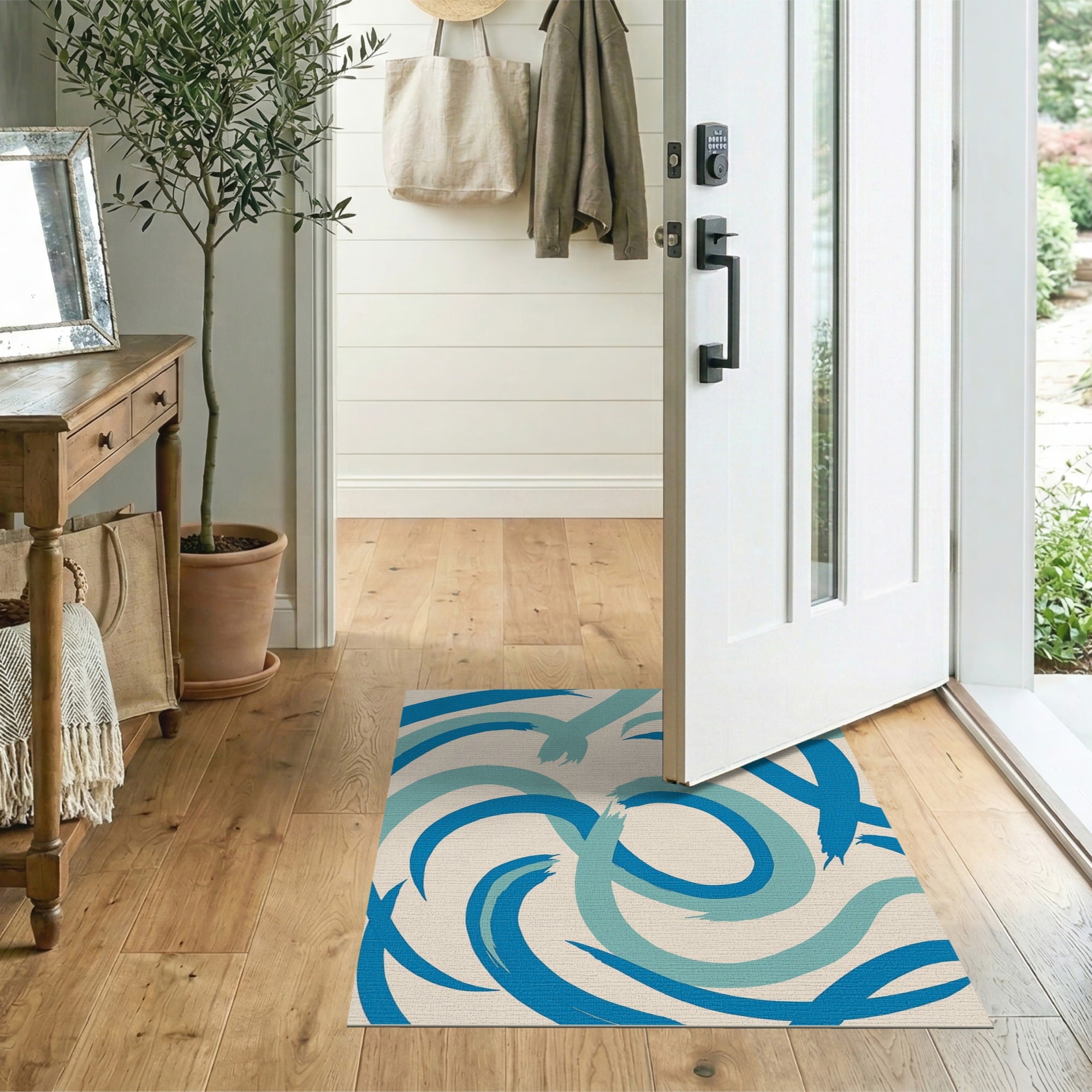 Teal Blue Swirling Brushstroke Area Rug