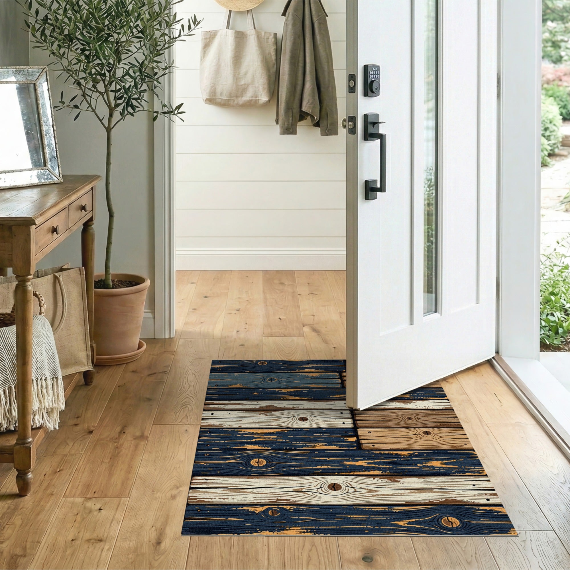 Distressed Navy Wood Plank Patchwork Rug