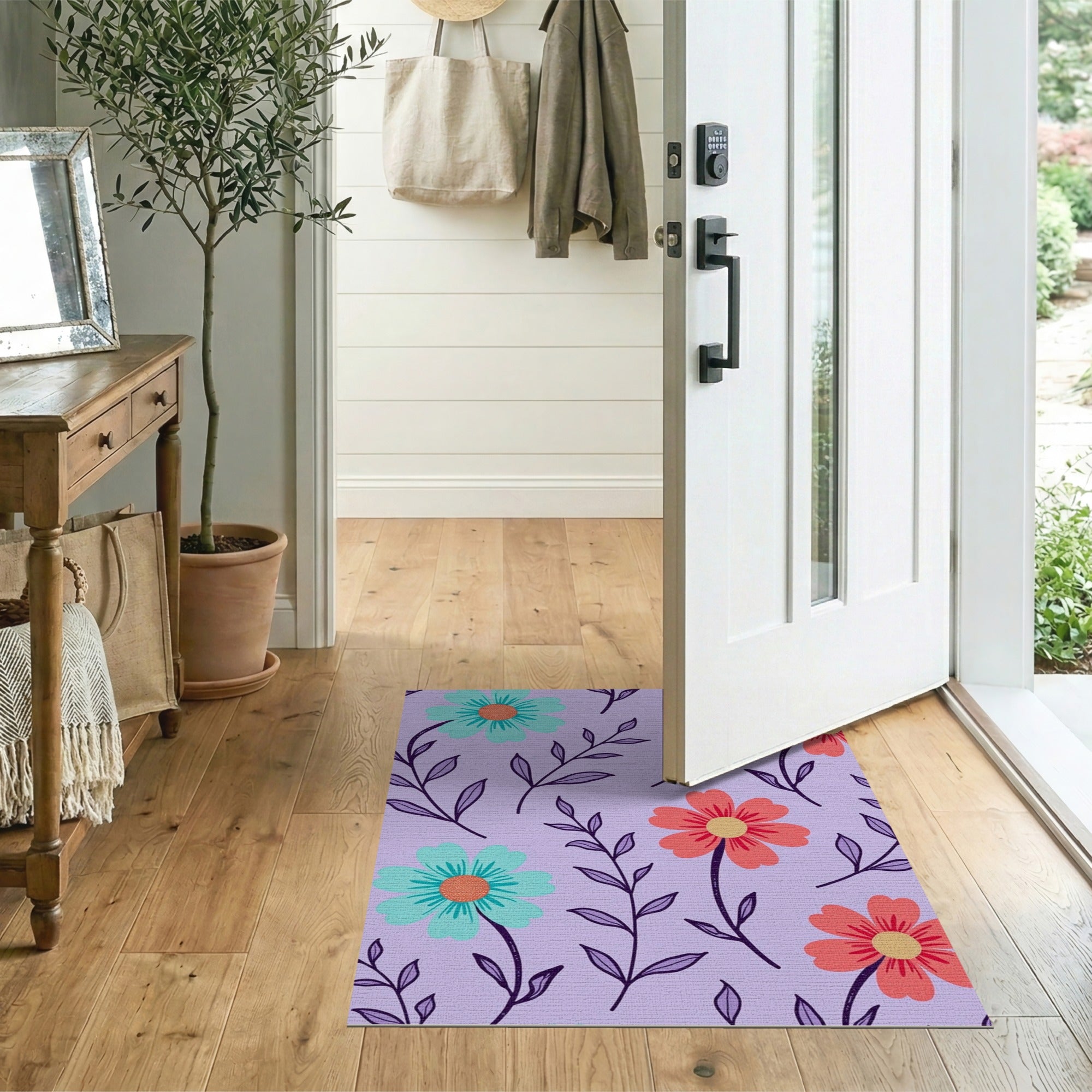 Teal Coral Daisy Blooms on Purple Area Rug