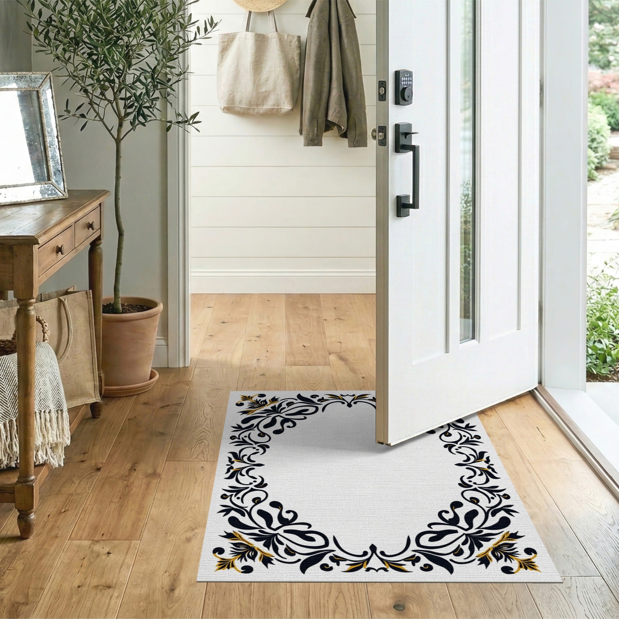 Floral Vintage Ornate Black Gold Floral Border Area Rug
