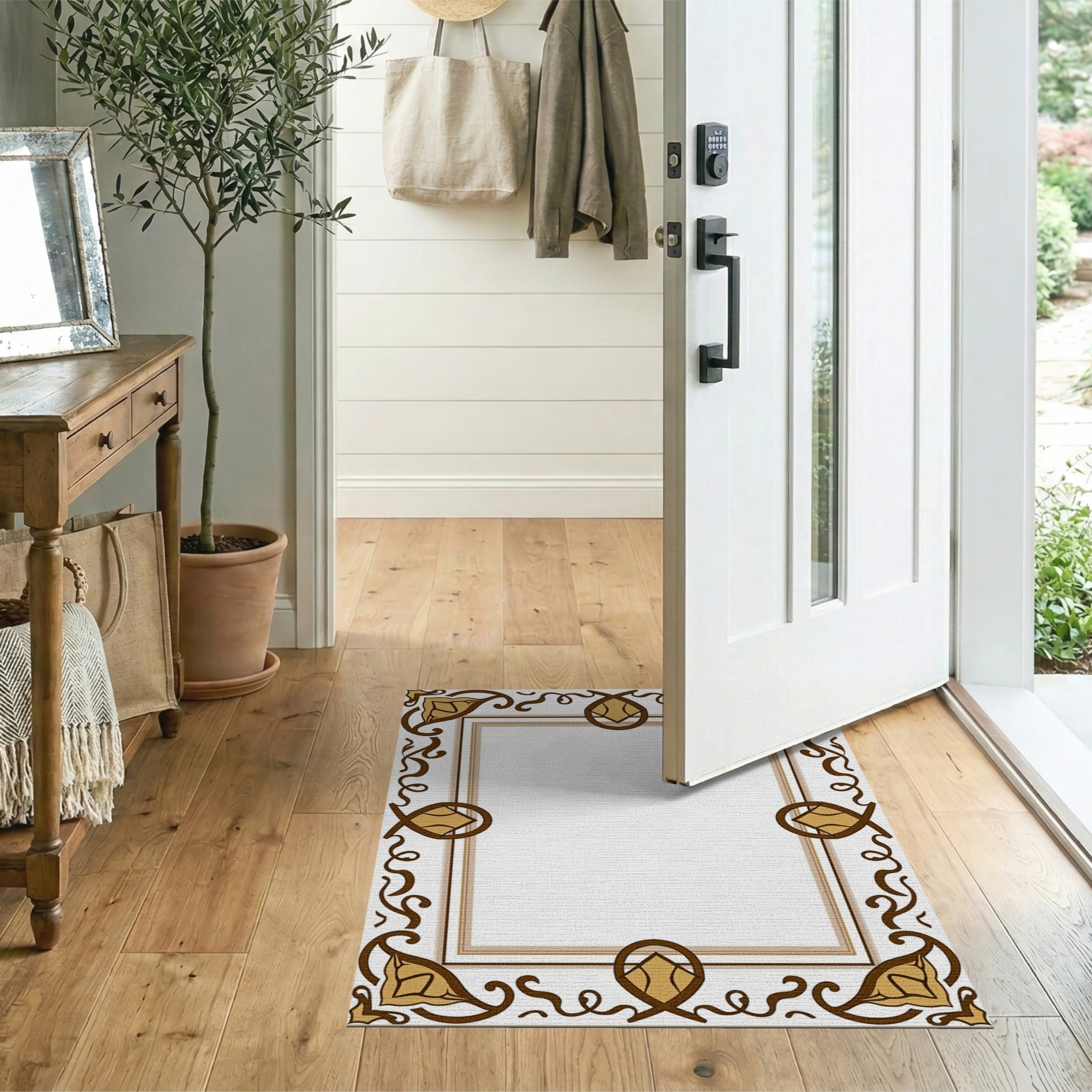 Floral Vintage Brown and Tan Ornate Floral Border Area Rug