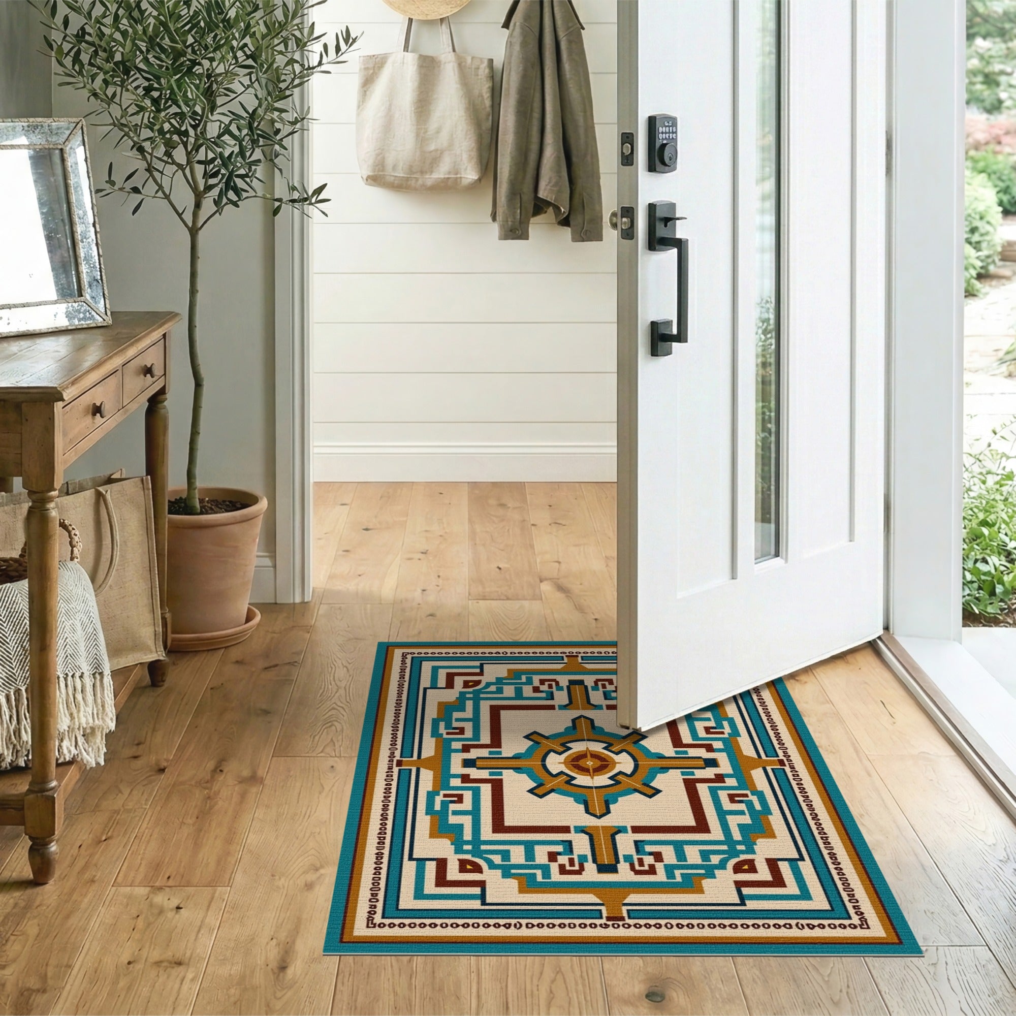 Teal Gold Southwestern Geometric Area Rug