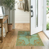 Teal Gold Ornate Floral Border Rug