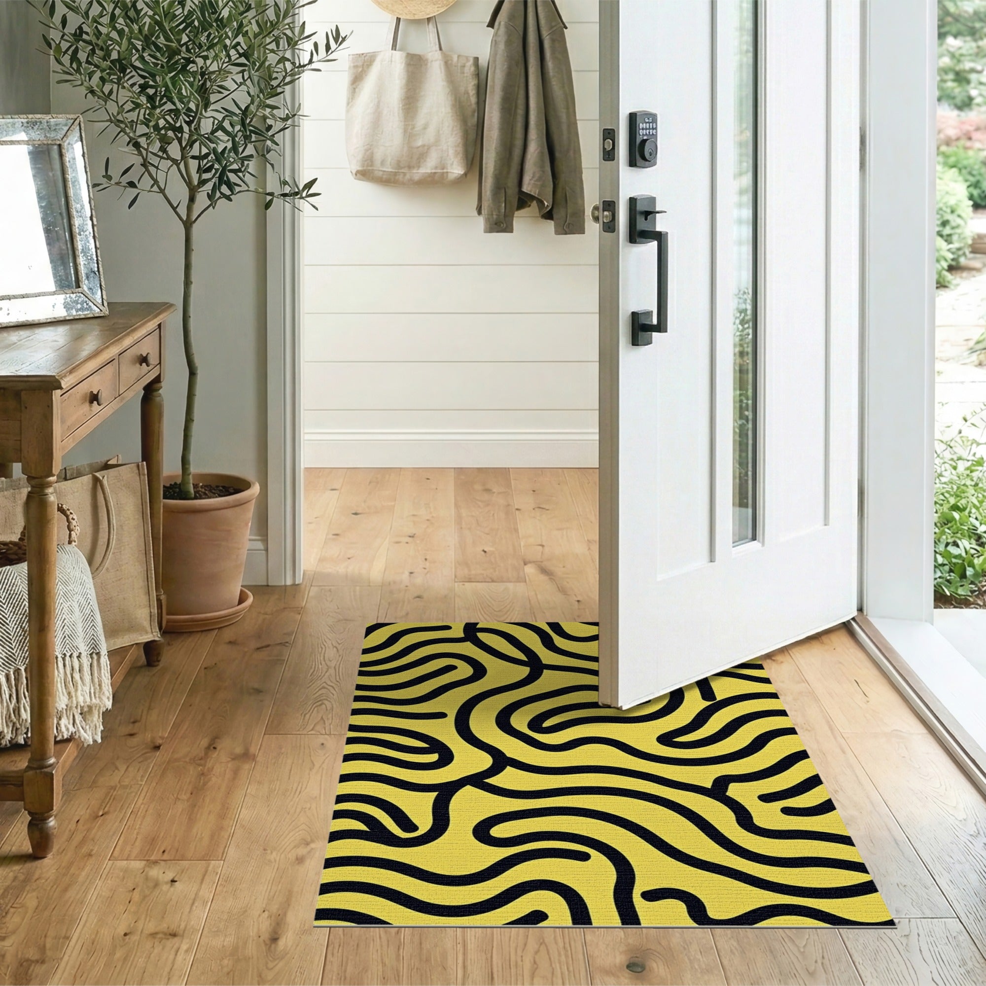 Bold Black Waves Yellow Abstract Area Rug
