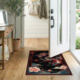 Washable Black Oriental Dragon & Peony Low Pile Area Rug