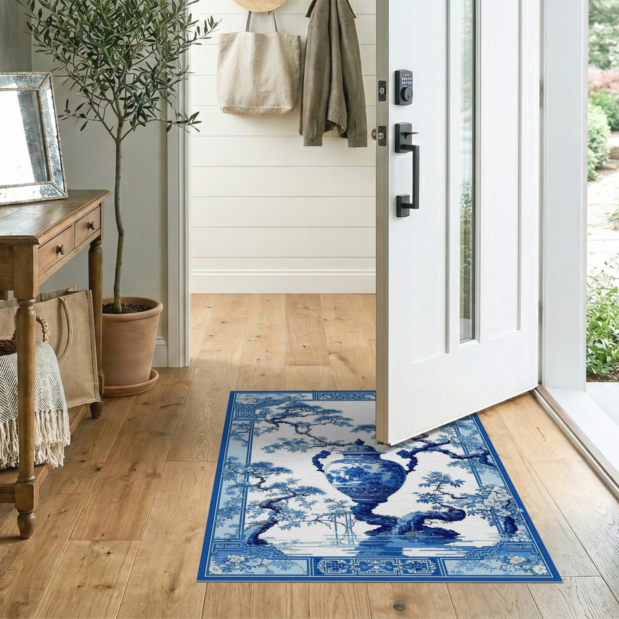 ODIKA Chinoiserie Blue and White Ginger Jar Washable Area Rug, Low Pile Non-Slip Oriental Decor Rug
