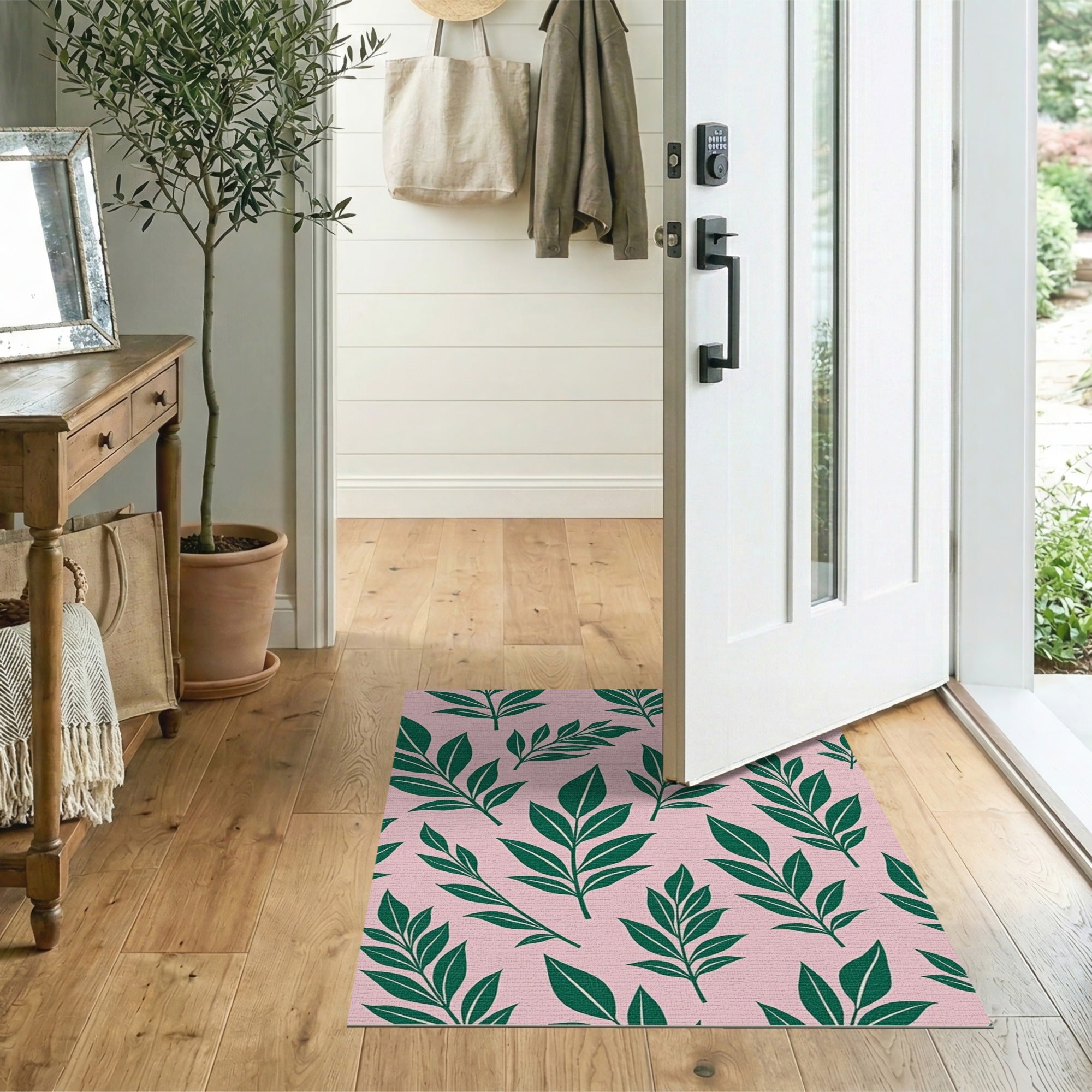 Blush Pink Emerald Green Leaves Area Rug