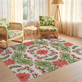 ODIKA Washable Art Nouveau Floral Area Rug - Vintage Red & Sage Green Low Pile Non-Slip Carpet