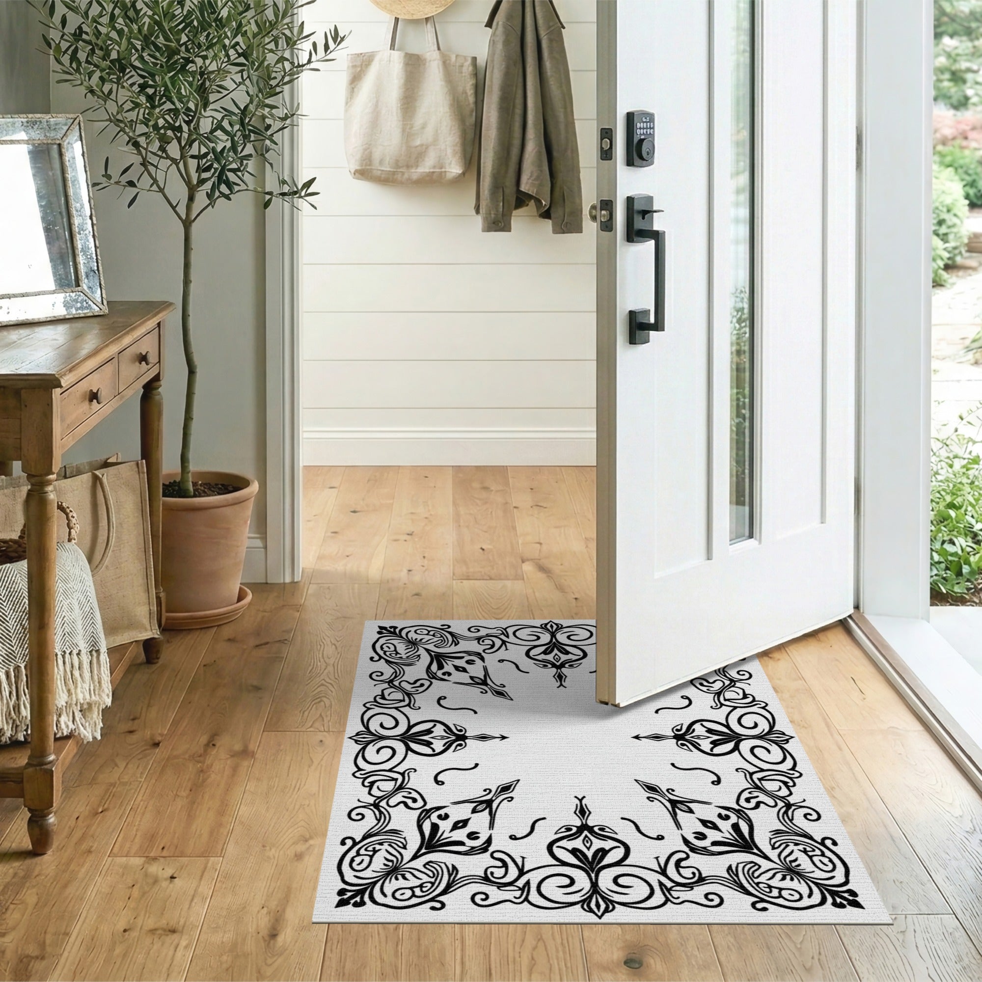 Ornate Floral Border Black White Floral Vintage Area Rug