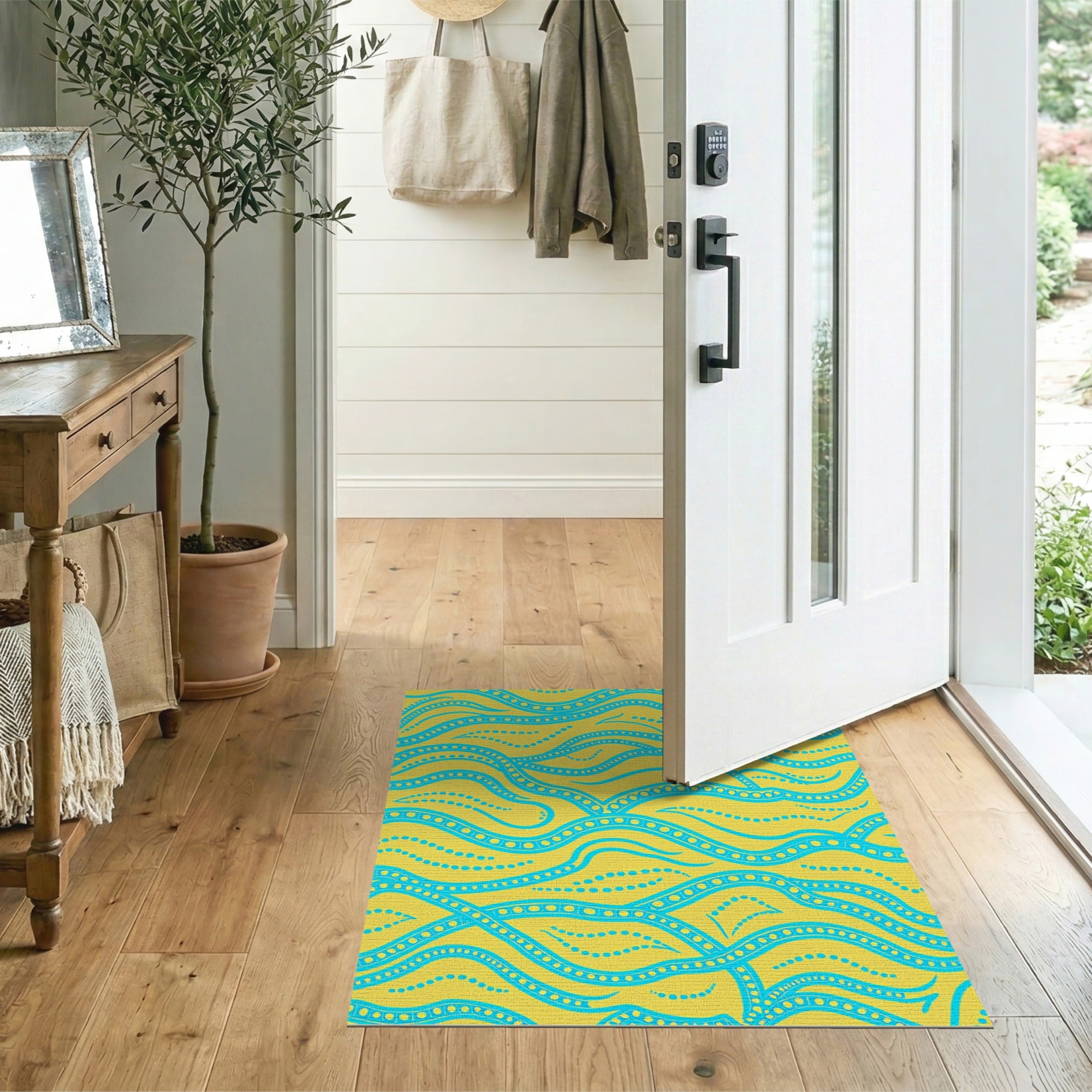 Sunny Yellow Teal Wavy Lines and Dots Area Rug