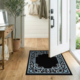 Ornate Blue Floral Border Area Rug